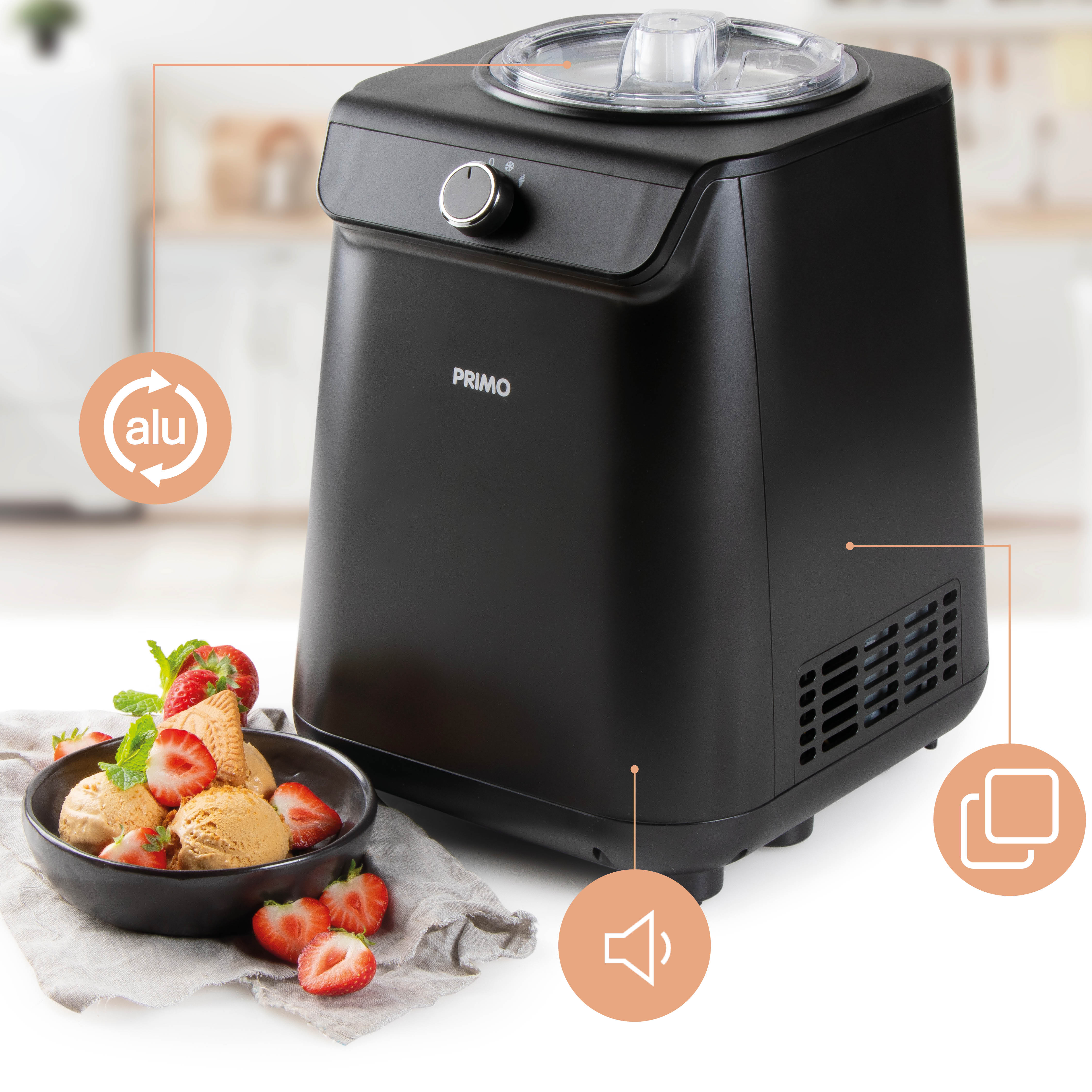Black ice cream maker with a bowl of ice cream and strawberries in front, kitchen background.