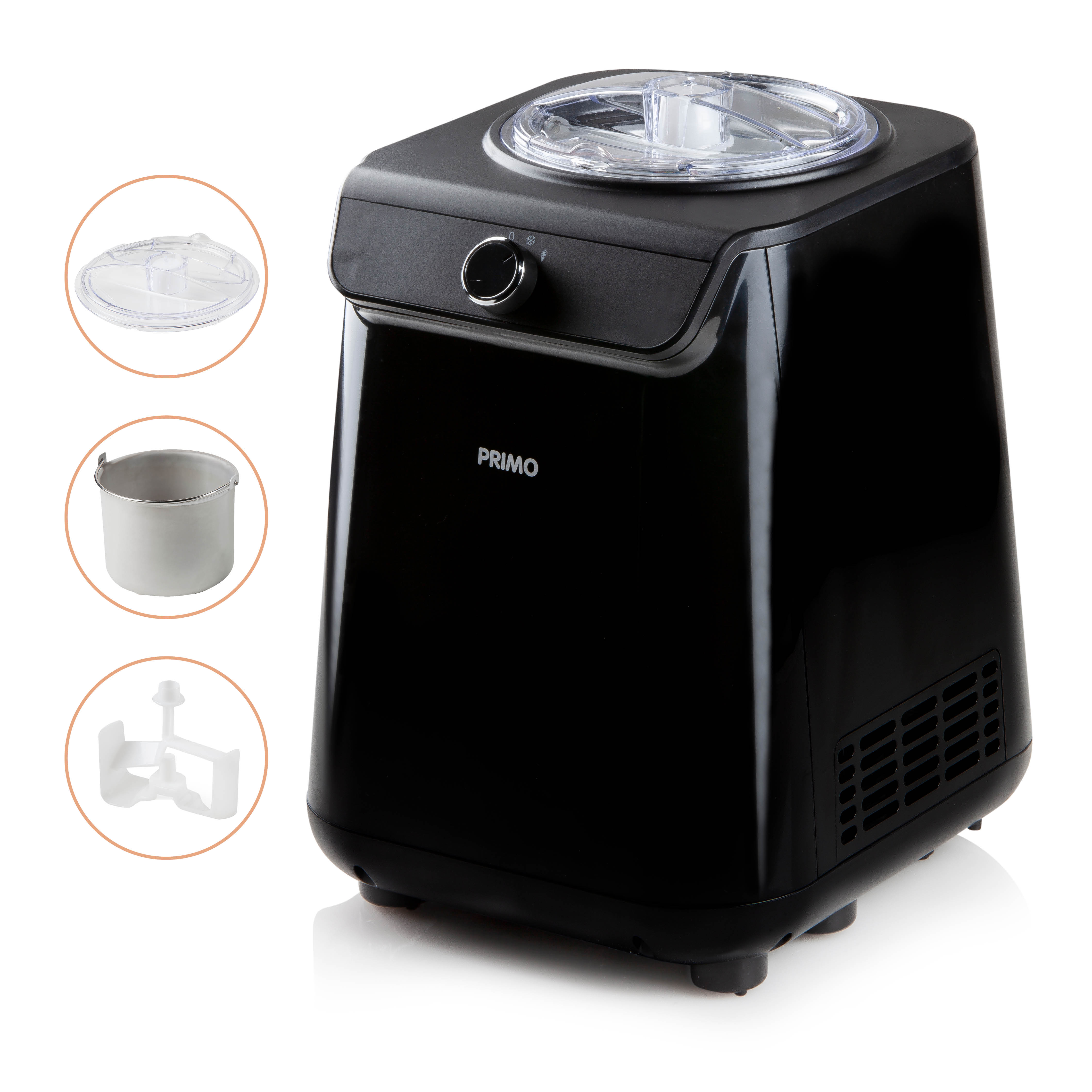 A black ice cream maker with accessories: a transparent lid, stainless bowl, and a white mixing arm. It reads Primo.