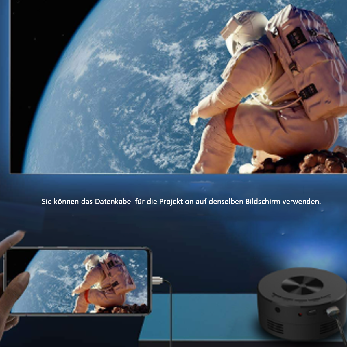 Un astronauta en el espacio se proyecta en una pantalla. Un teléfono muestra la misma imagen. Un dispositivo negro está conectado.