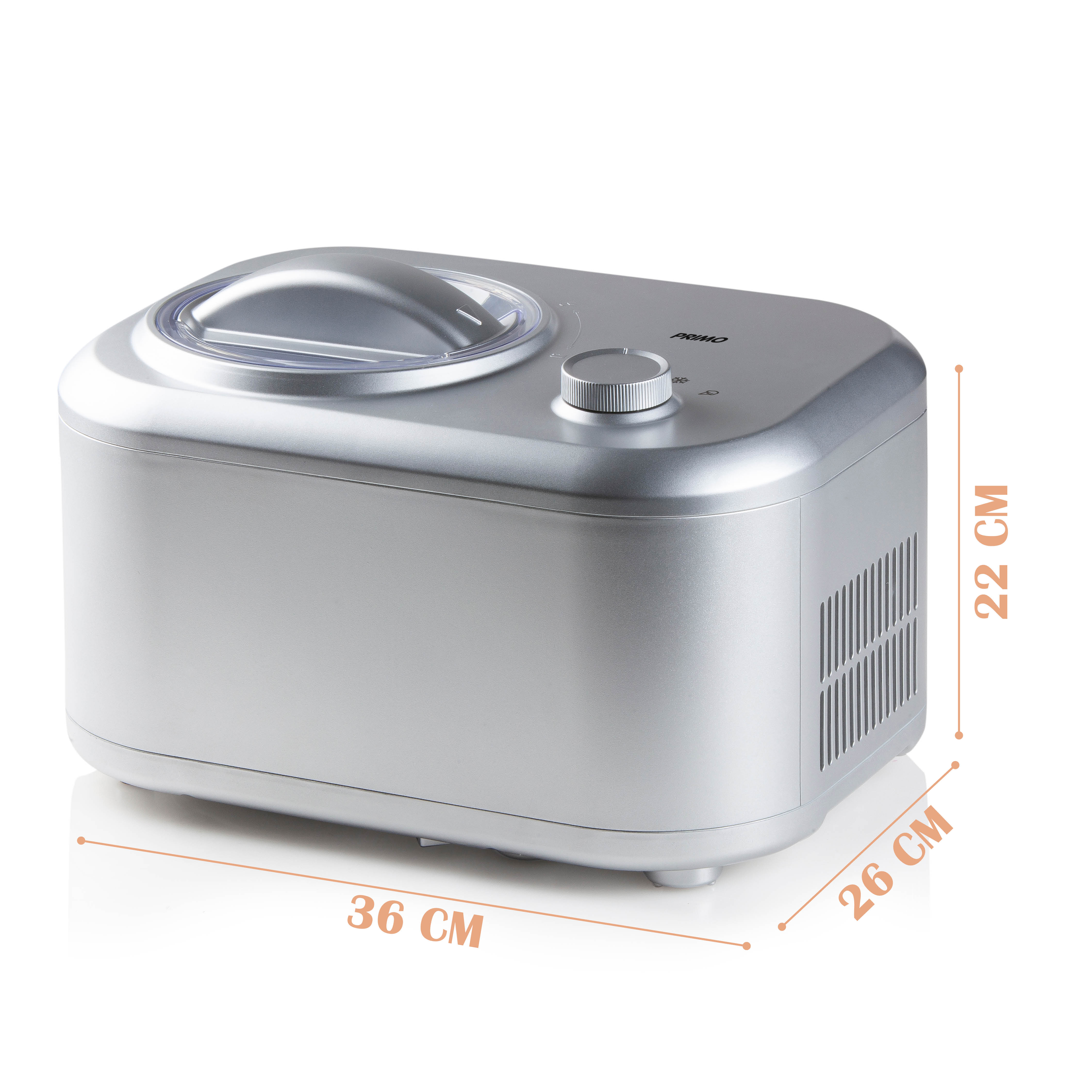 Silver ice cream maker with dimensions and a see-through lid.