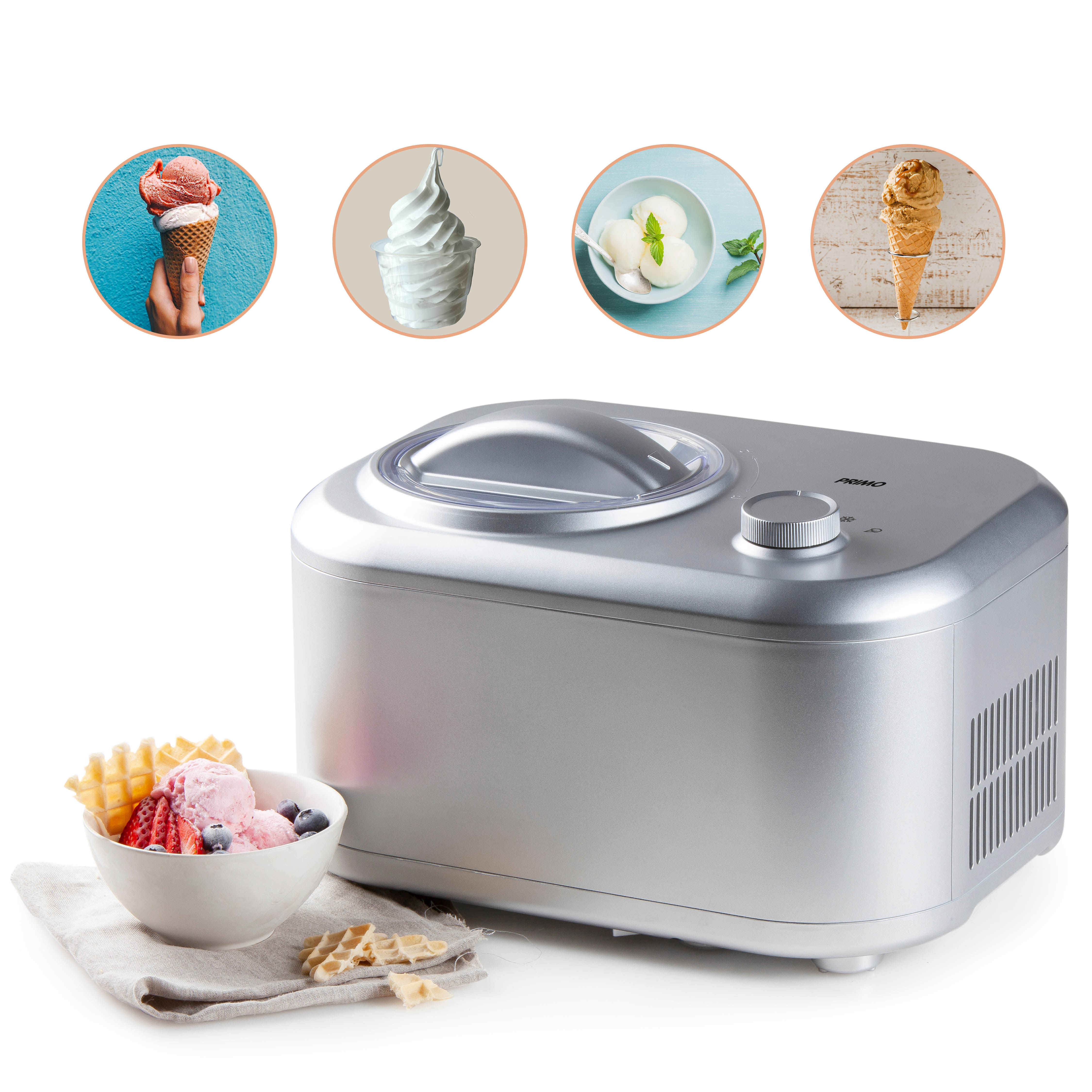 A silver ice cream maker with ice cream samples and a bowl of ice cream on the side.