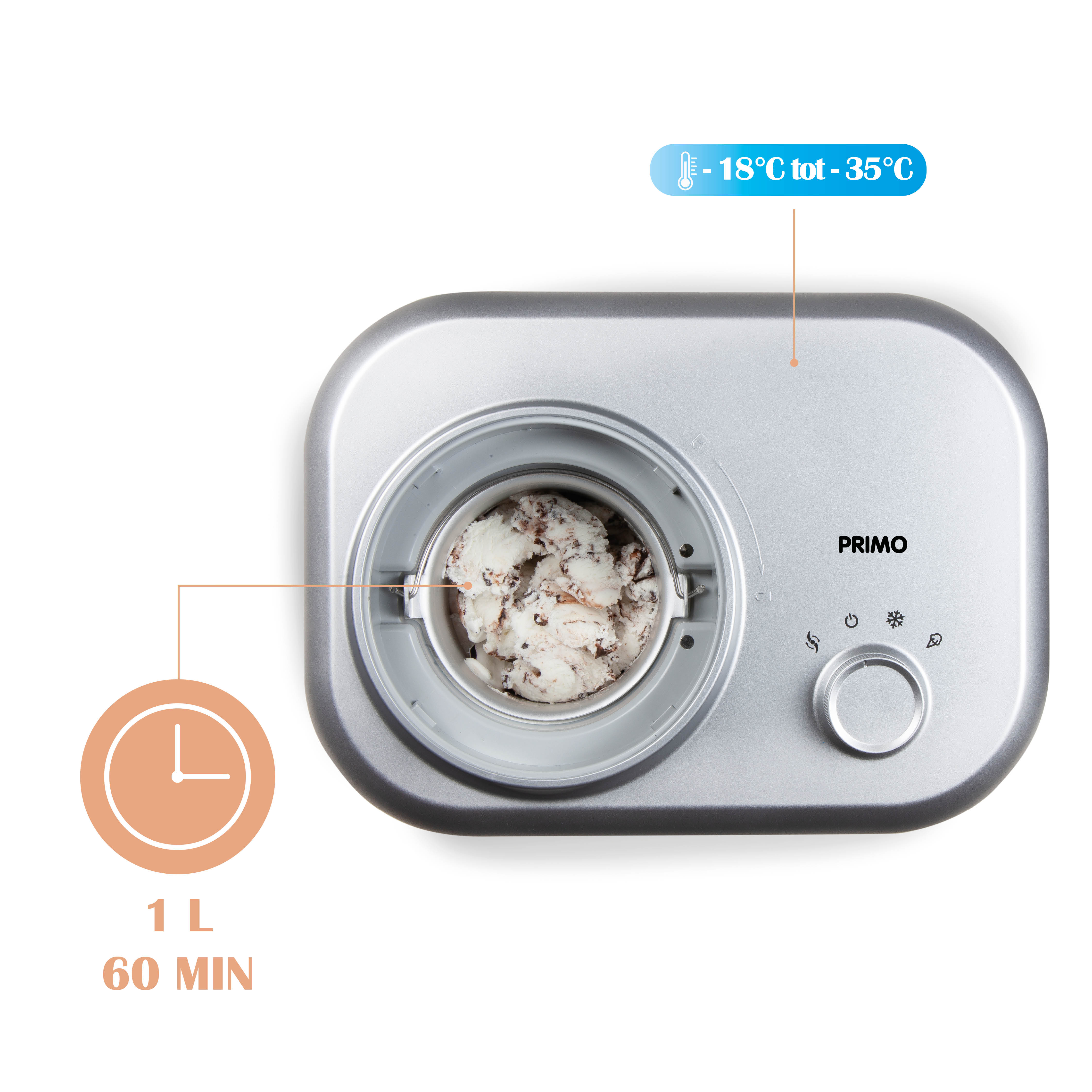 Silver ice cream maker with ice cream inside. A label says: -18°C to -35°C. 1 L, 60 MIN label.