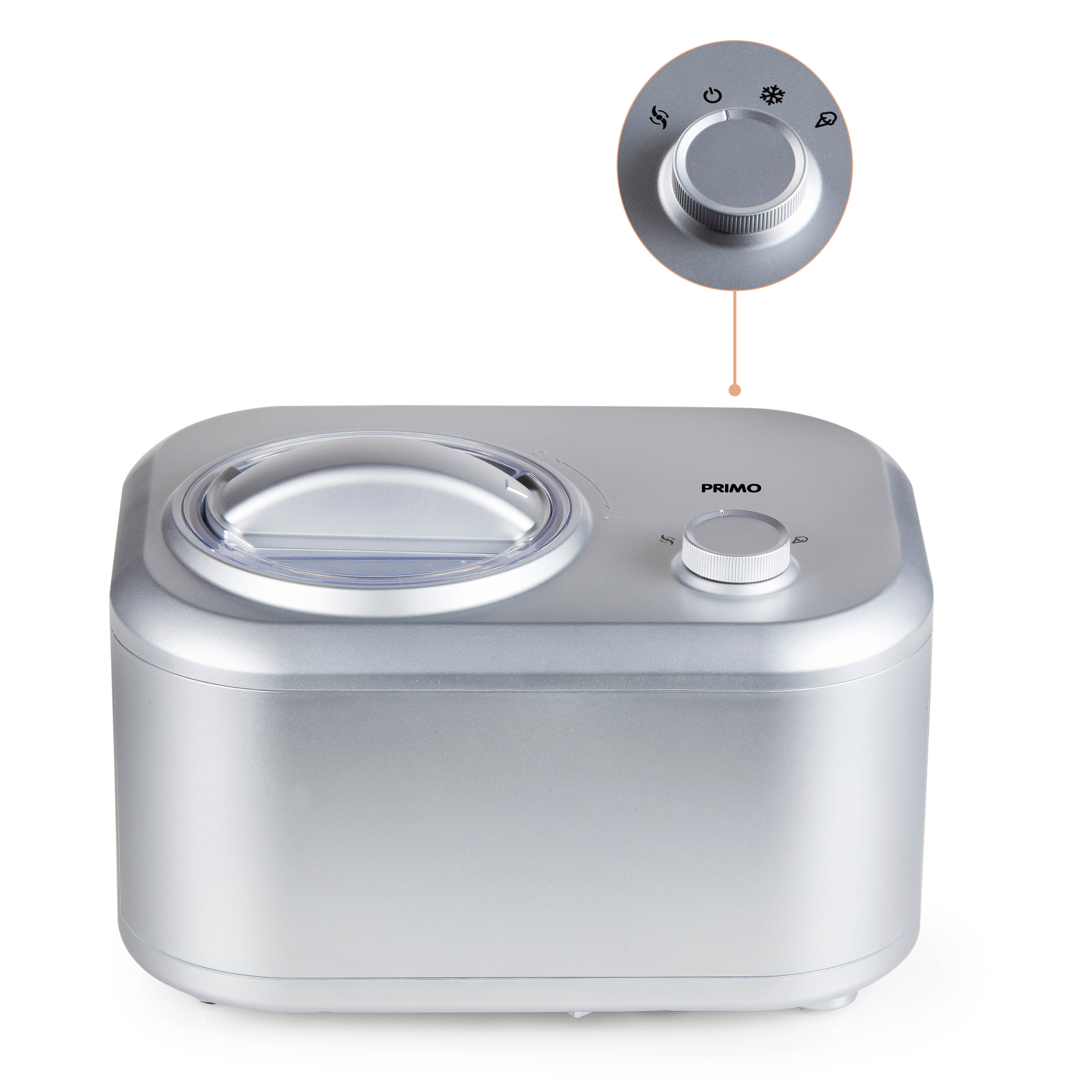 A silver ice cream maker with a control dial. The dial is highlighted in a circle above the machine.