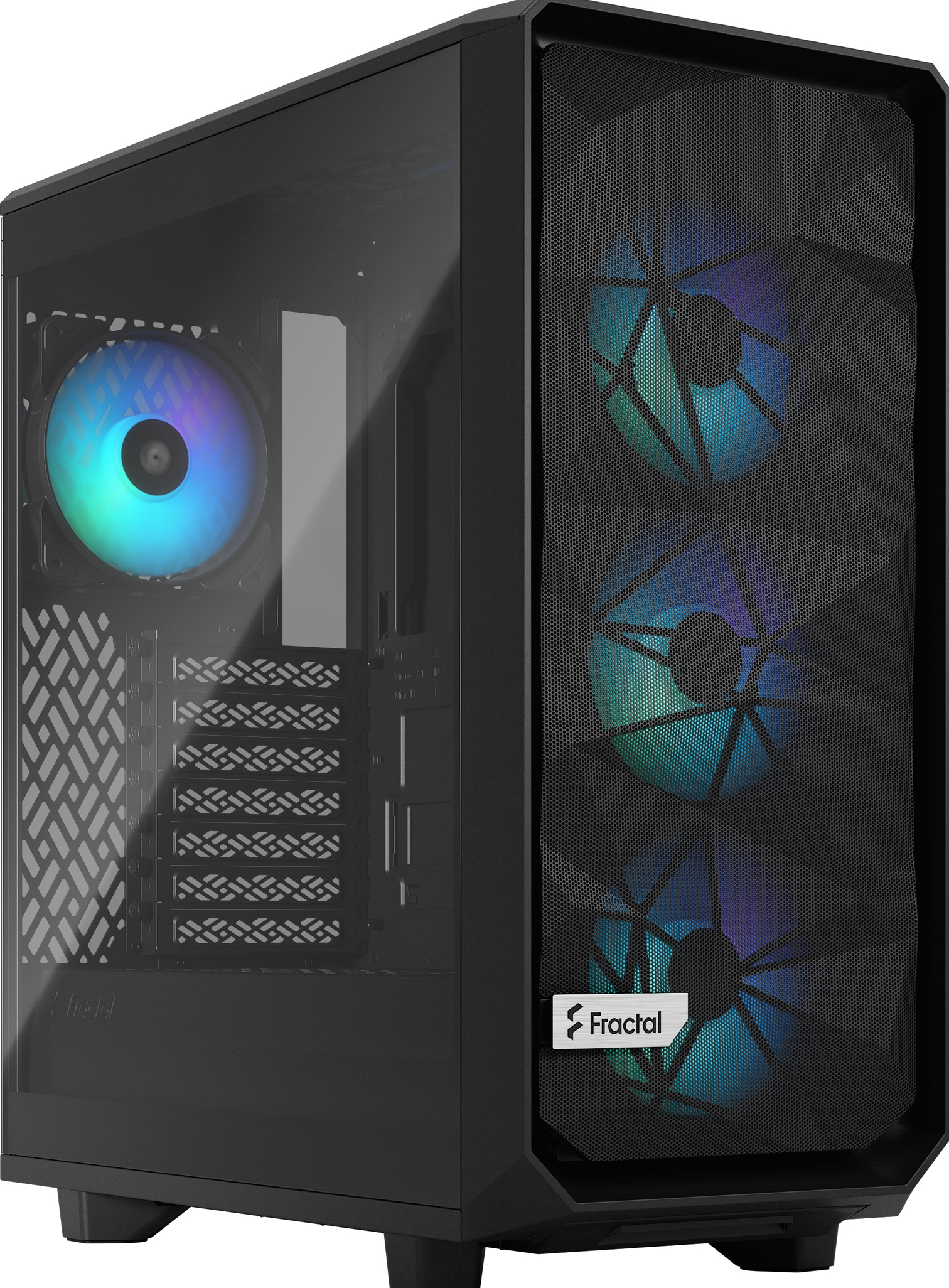 Case per computer nero. Pannello laterale in vetro, frontale a rete con ventole. Logo Fractal Design.