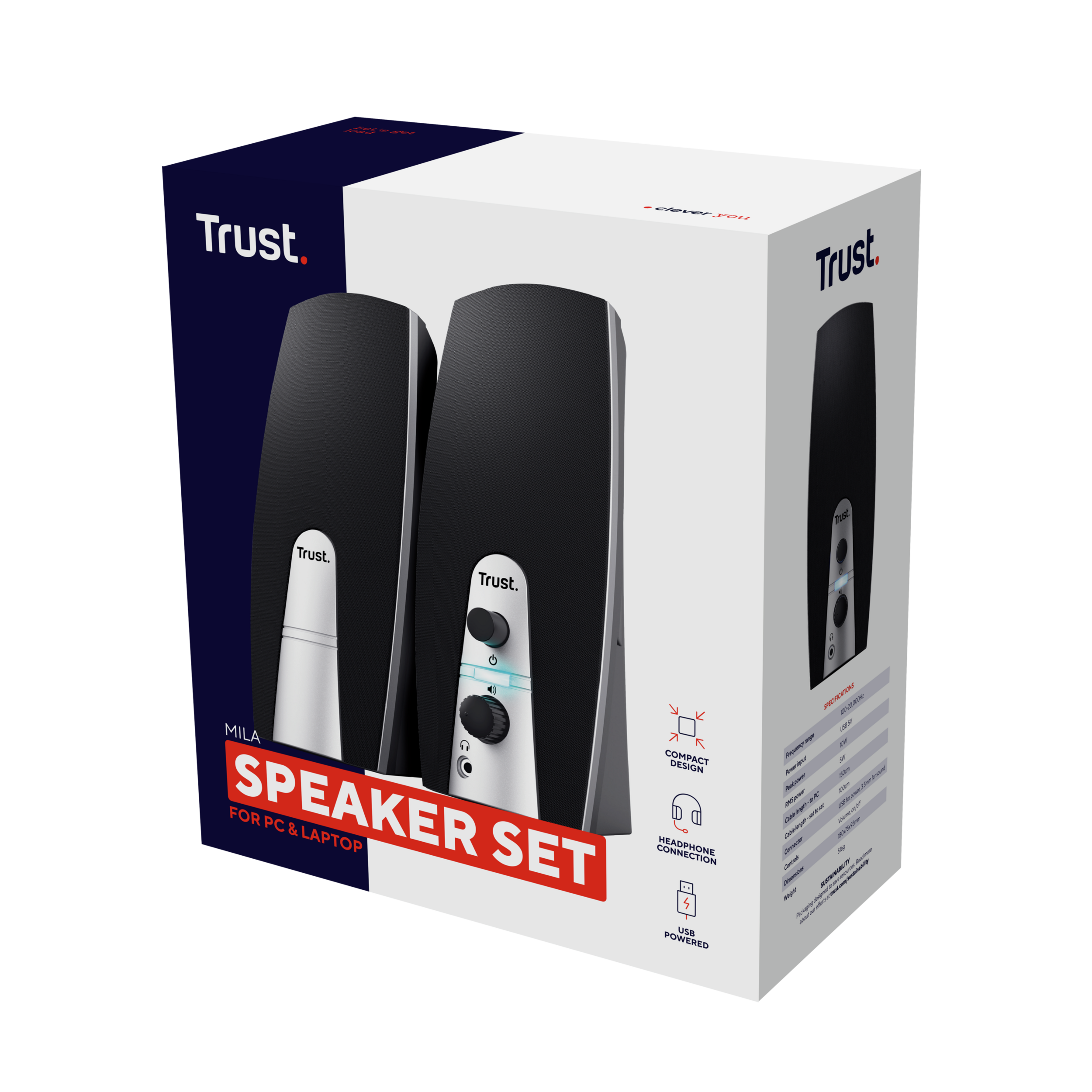 Speaker set box: black speakers, Trust brand, headphones, compact design, and USB powered.