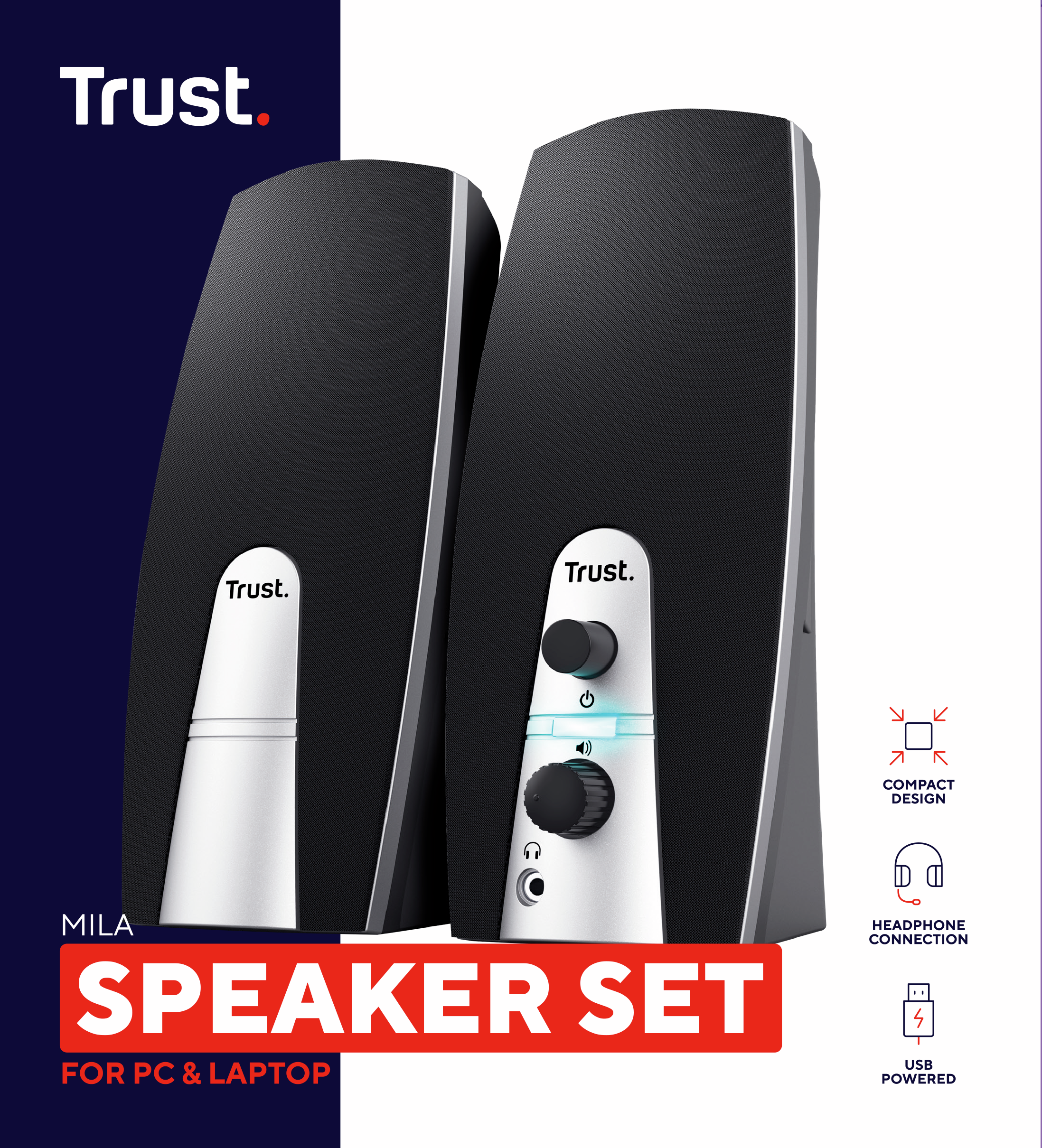Two black computer speakers with silver accents and Trust branding, with product info.