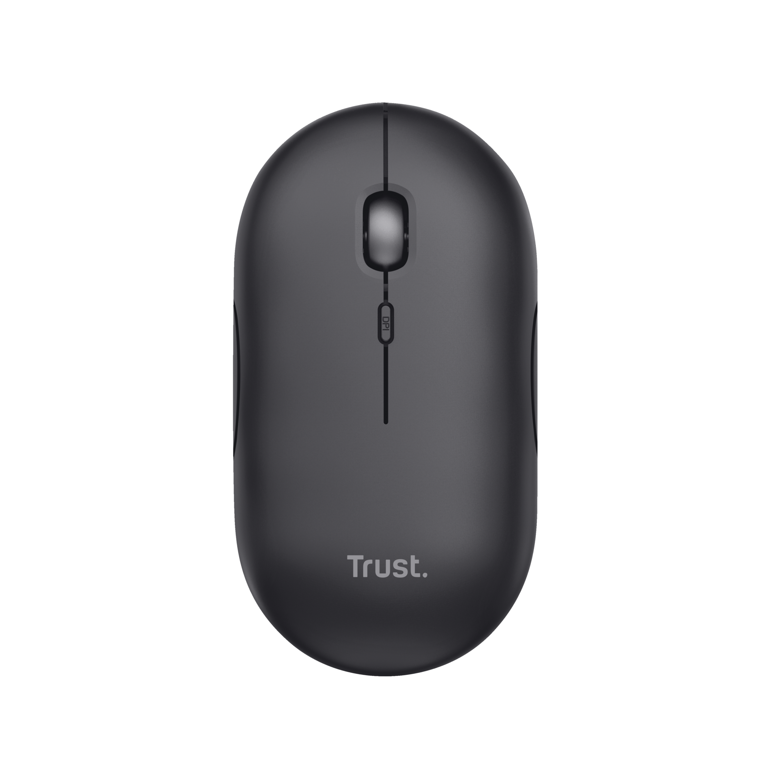 Ciemnoszara mysz komputerowa. Jest to mysz marki Trust.