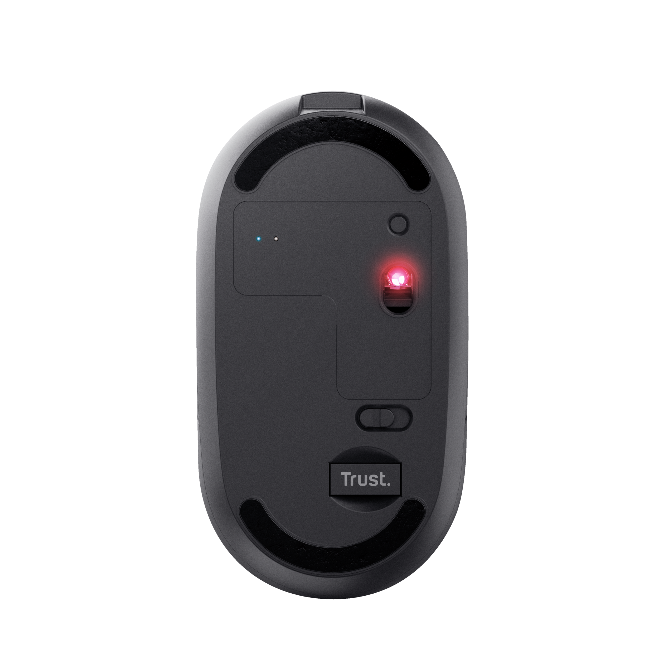 Spód czarnej myszy bezprzewodowej, z czerwonym światłem i logo Trust.