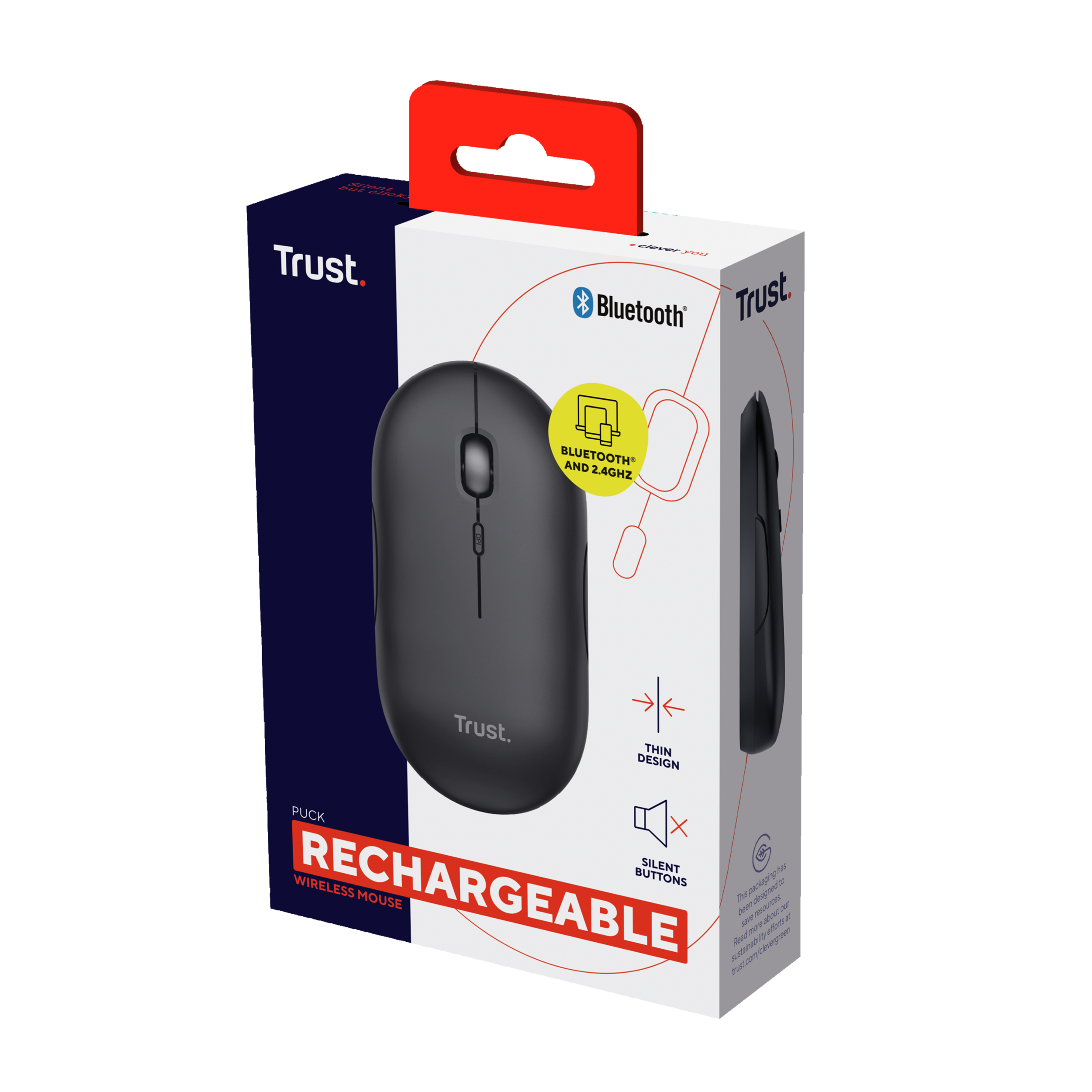 Czarno-białe pudełko myszy bezprzewodowej. Mysz jest czarna. Pudełko ma logo Trust i Bluetooth.