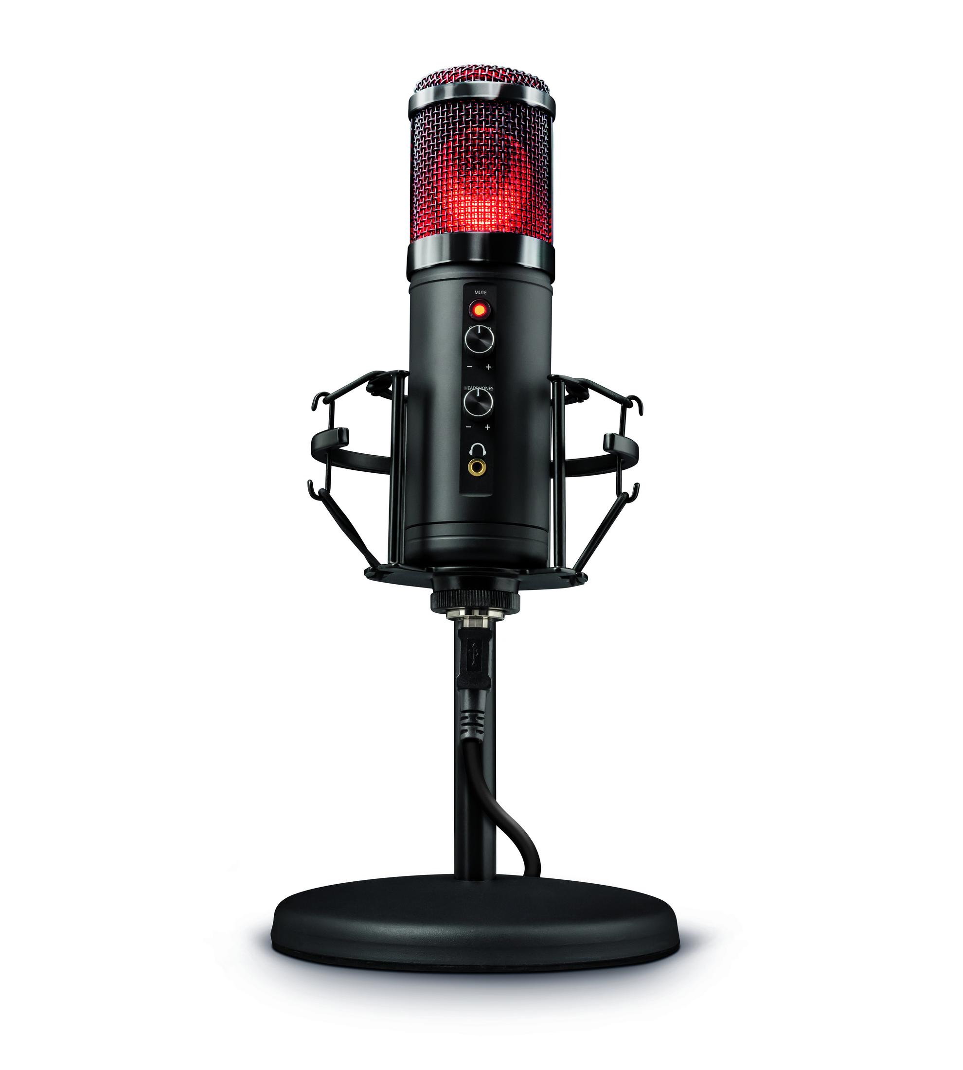 Czarny mikrofon z czerwoną, podświetlaną siatką i stojakiem.
