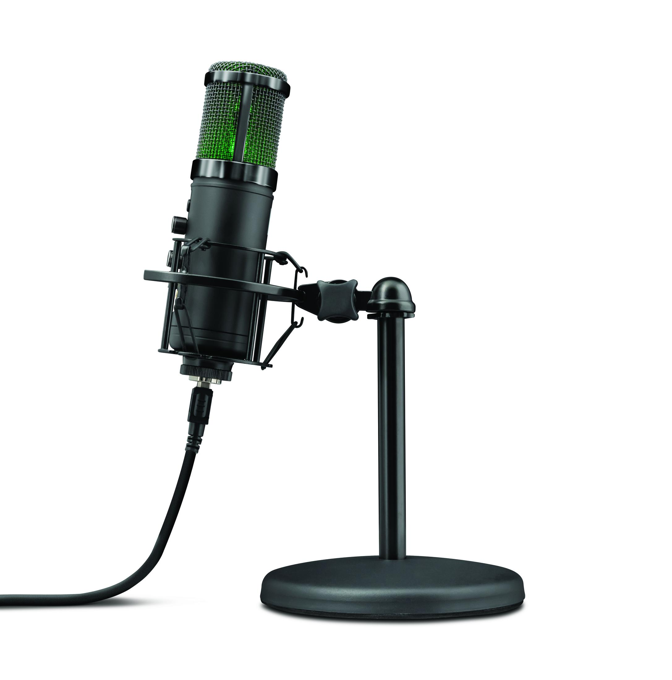 Czarny mikrofon na statywie, z zieloną siatką i czarnym kablem.