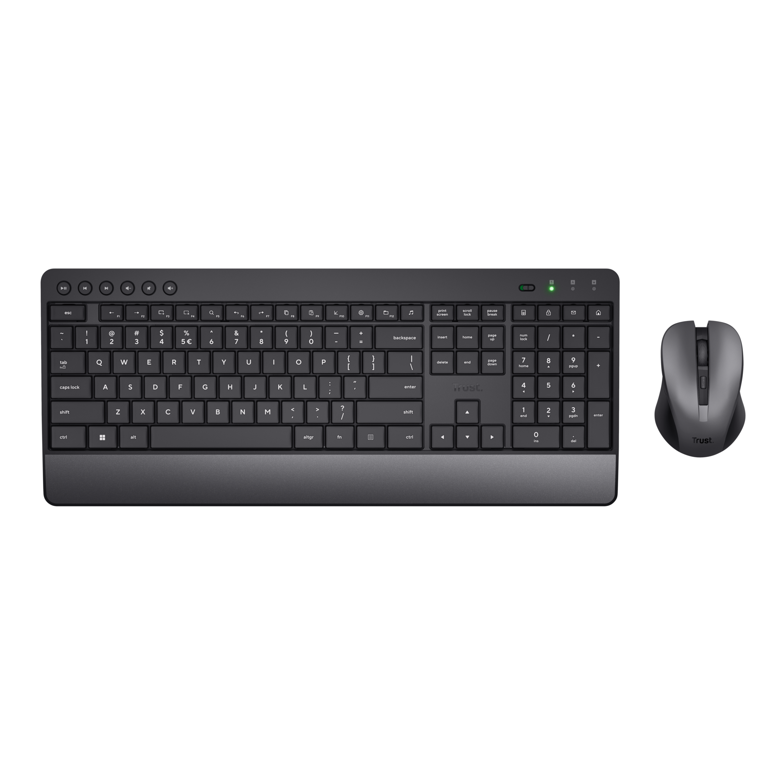 Czarna klawiatura i szara mysz na ciemnej powierzchni, puste tło.