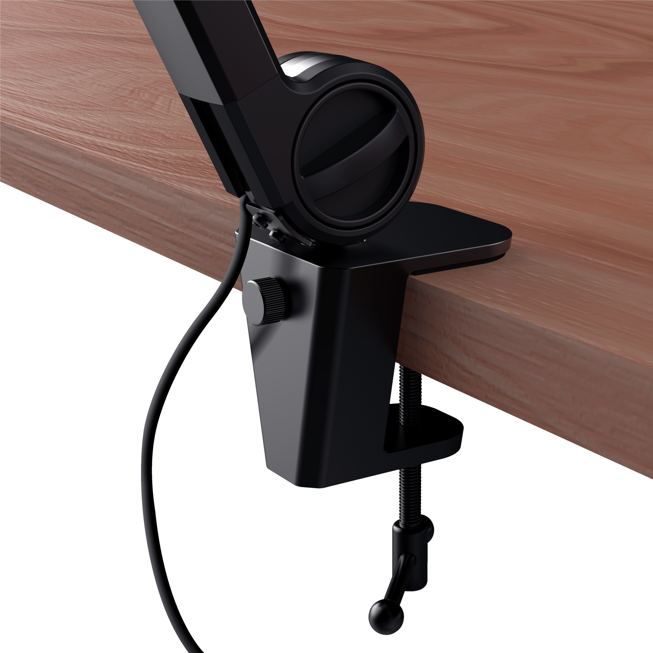 Czarny uchwyt do monitora zamontowany na drewnianym stole, z czarną podstawą.