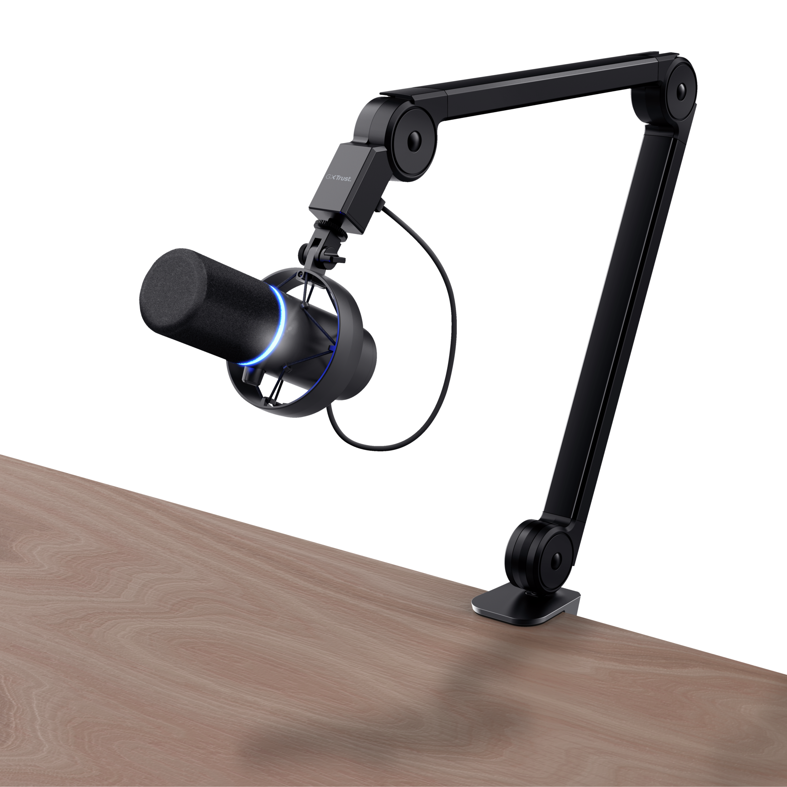 Czarny mikrofon ze statywem, umieszczony na drewnianej powierzchni.