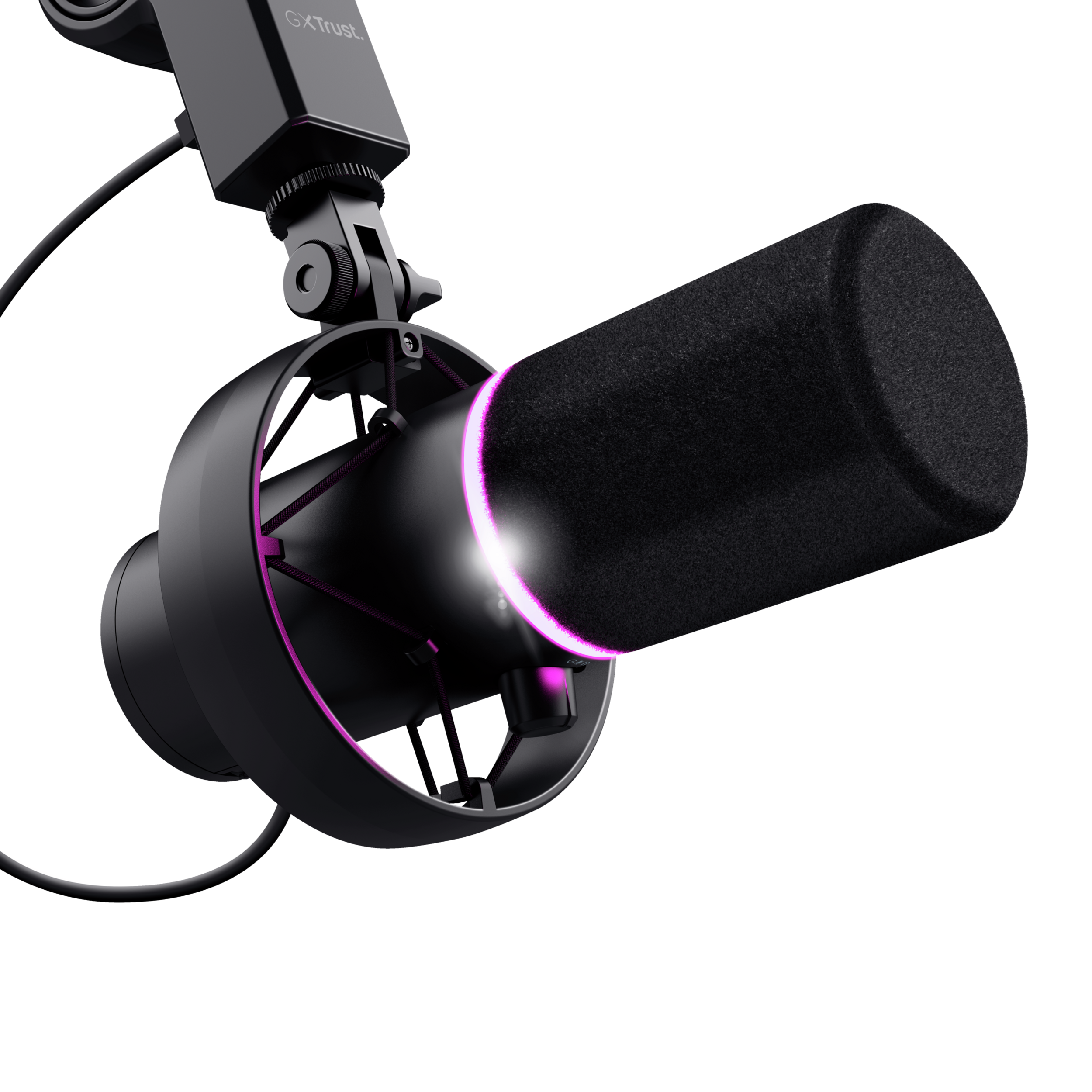 Czarny mikrofon z czarnym filtrem pop i różowymi akcentami. Mikrofon jest na statywie.