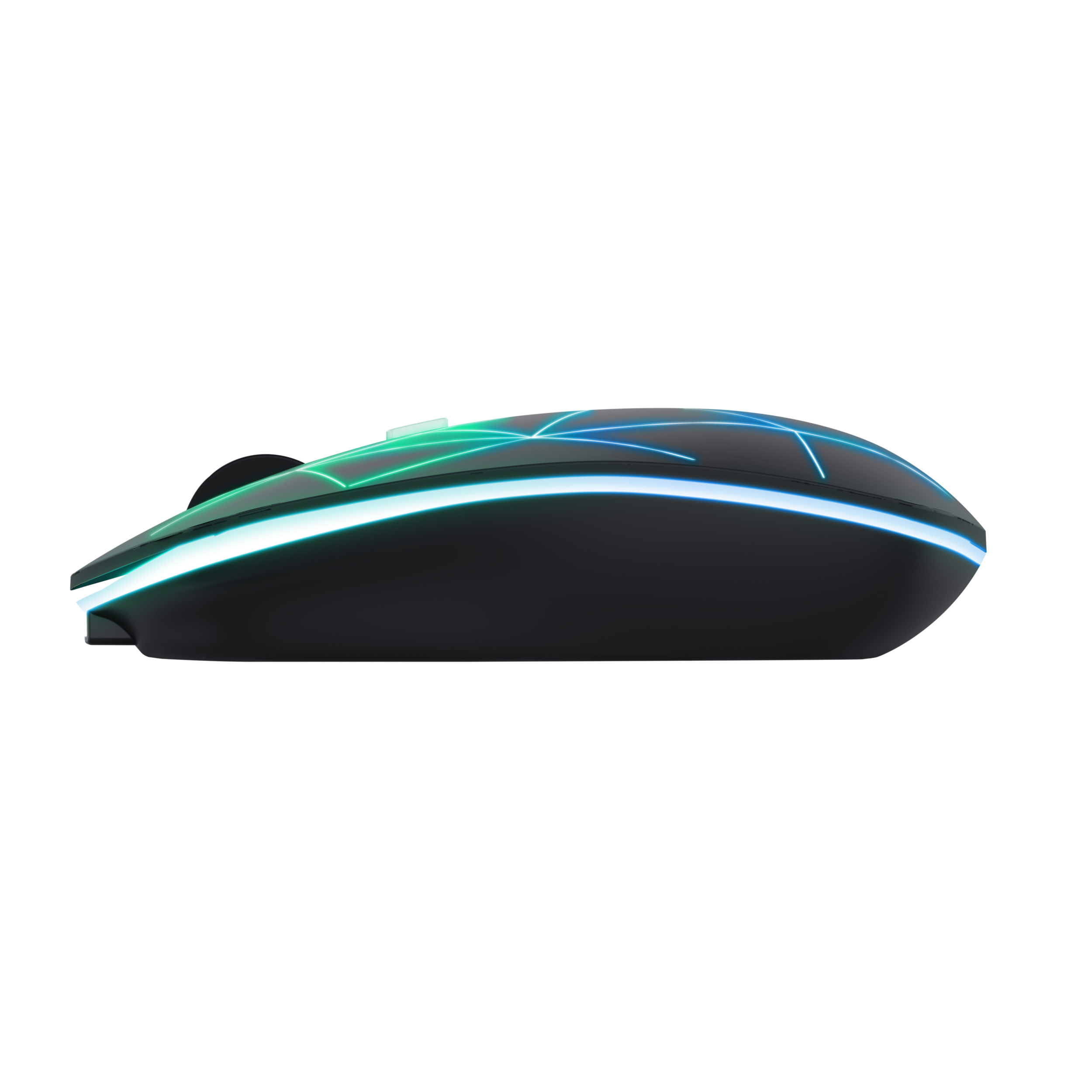 Schwarze Gaming-Maus. Draufsicht, mit blauen und grünen Lichtern. Schwarzer Hintergrund.