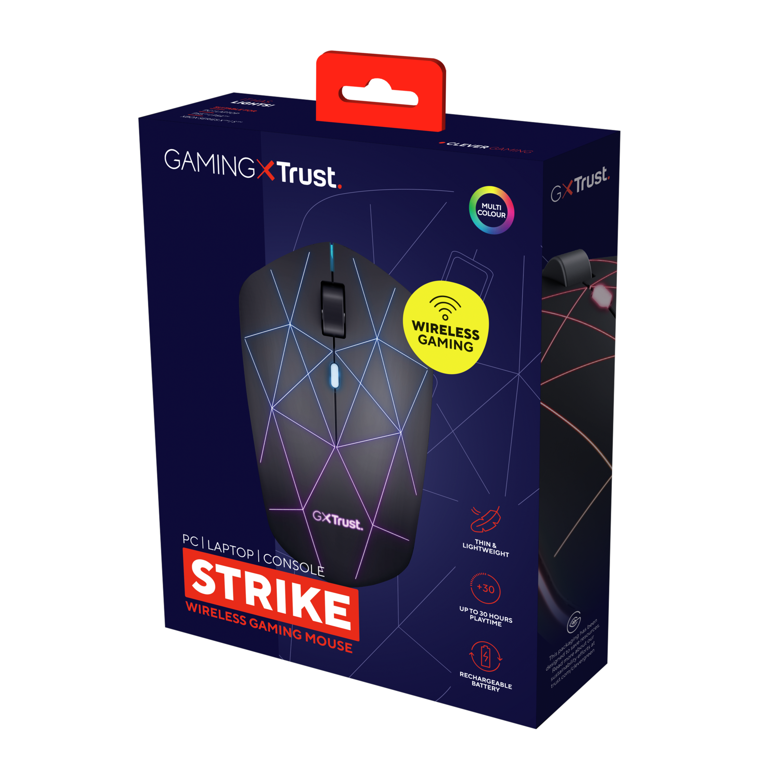 Schwarze und violette kabellose Gaming-Maus in einer Box. Merkmale sind kabelloses Spielen und Akku.