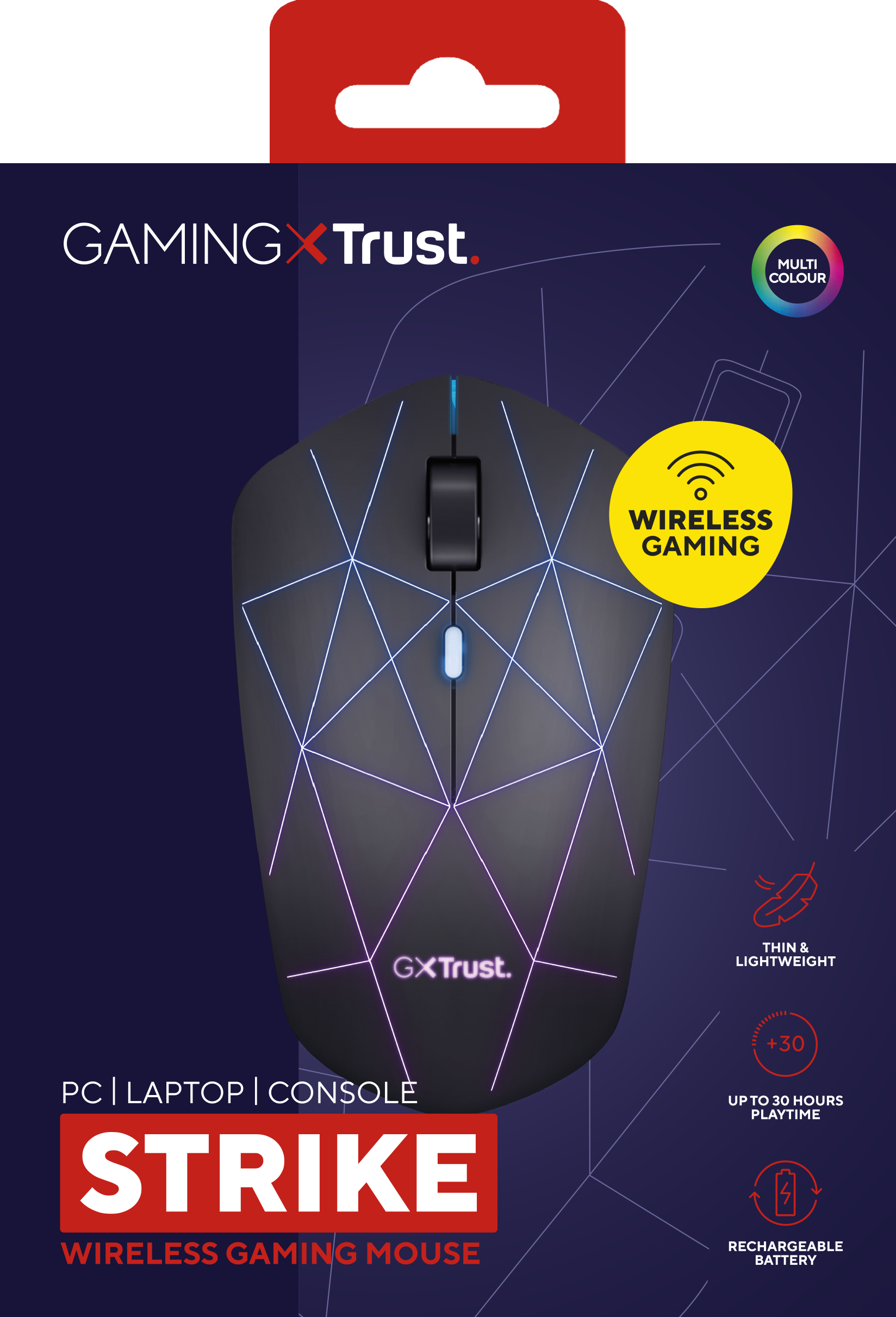 Eine schwarze Gaming-Maus mit farbigen Lichtern, in der Verpackung.