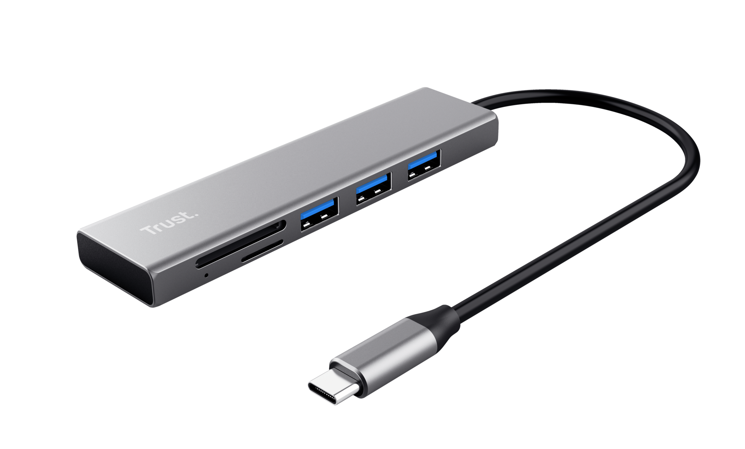 Zilveren USB-hub met 3 USB-poorten, een kaartlezer en een USB-C-connectorkabel tegen een zwarte achtergrond.