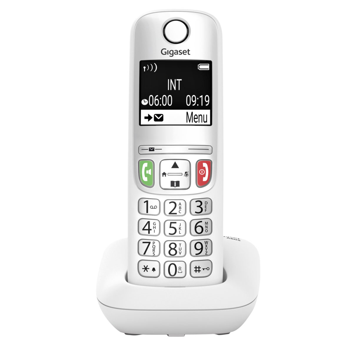 Witte draadloze telefoon met display waarop tijd en menu-opties worden weergegeven. De basis is ook wit.