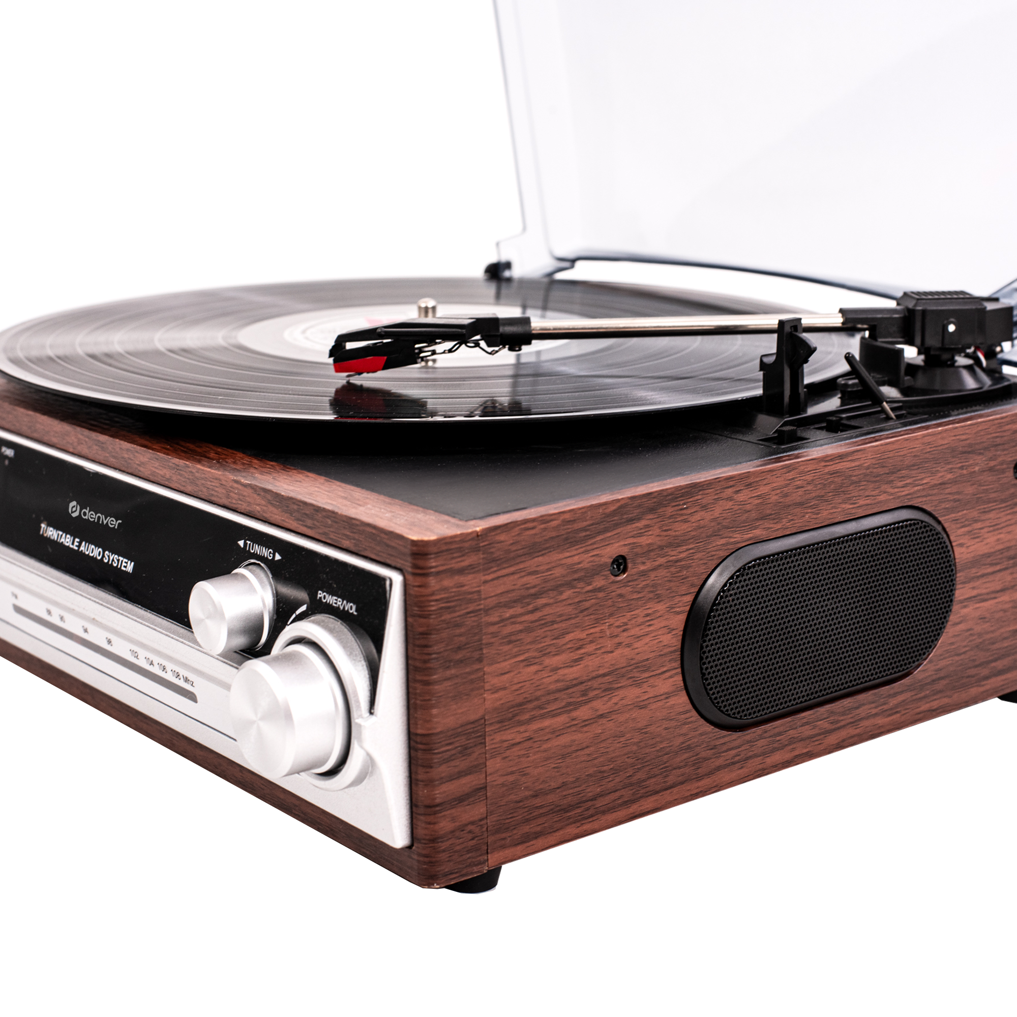 System audio gramofonu w drewnianym wykończeniu, z elementami sterującymi i głośnikiem.