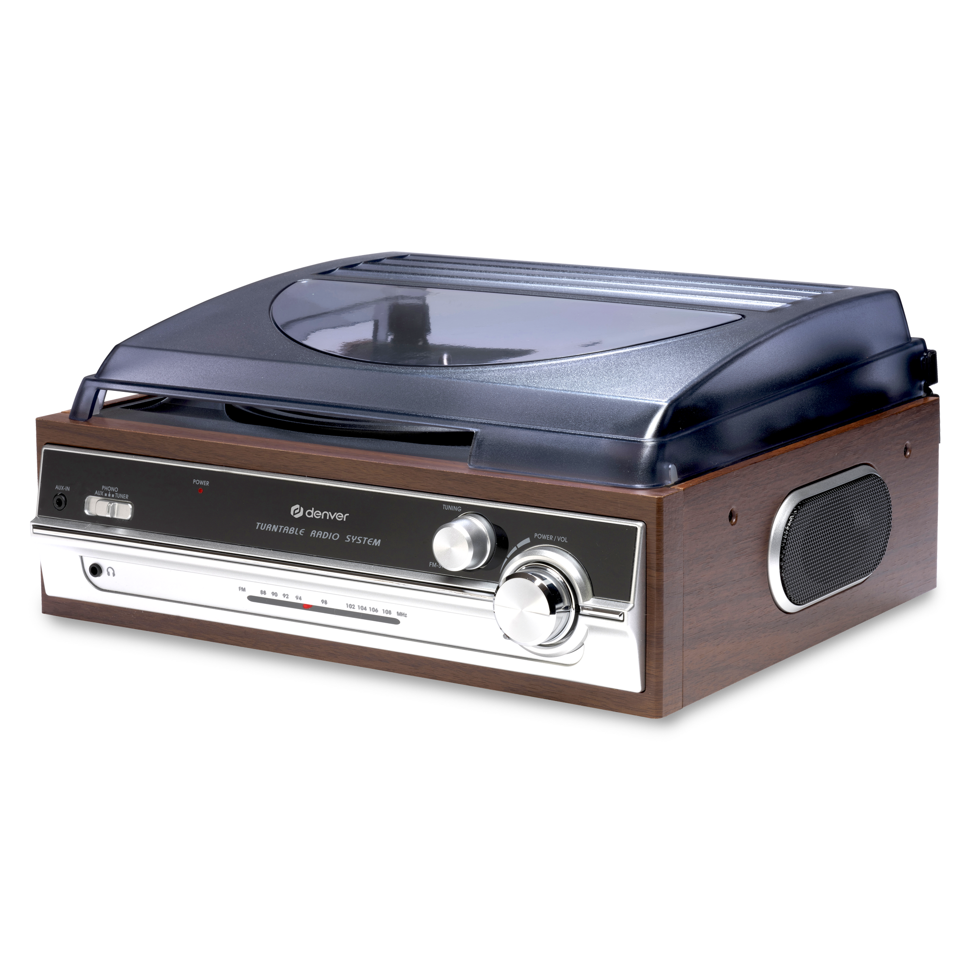 System radiowy z gramofonem w stylu retro z drewnianym wykończeniem, czarnym blatem i srebrnymi elementami sterującymi.