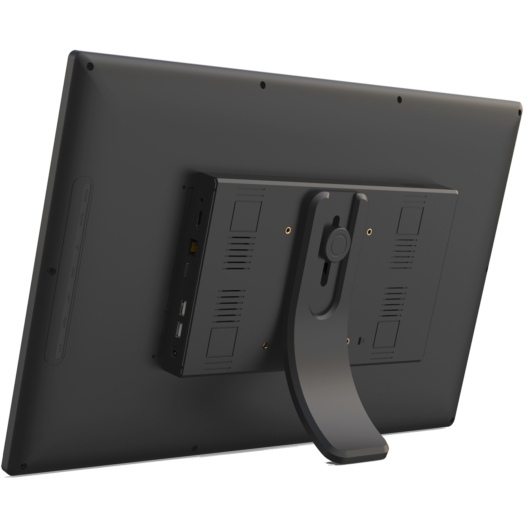 Tył czarnego ekranu cyfrowego ze stojakiem. Widoczne porty i wspornik montażowy.