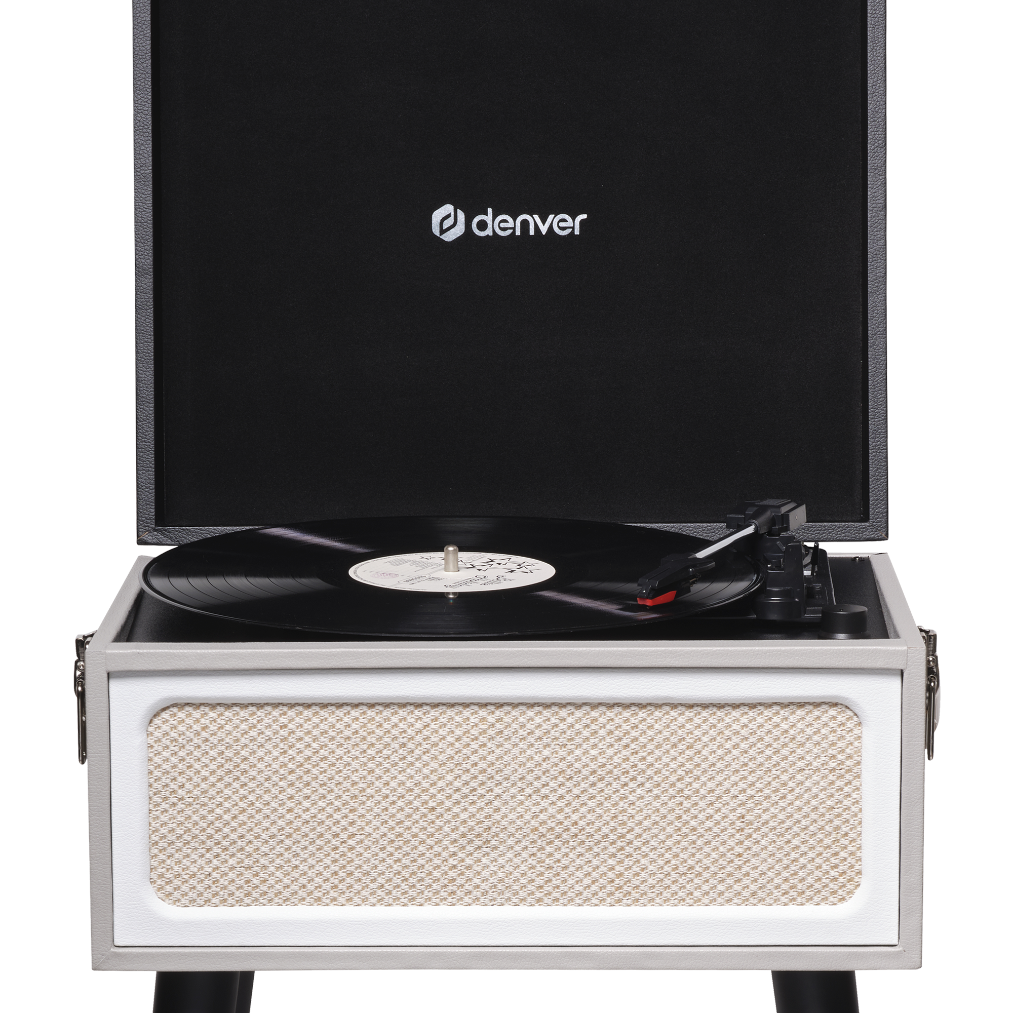 Otwarty gramofon w stylu vintage z czarną płytą winylową pokazuje