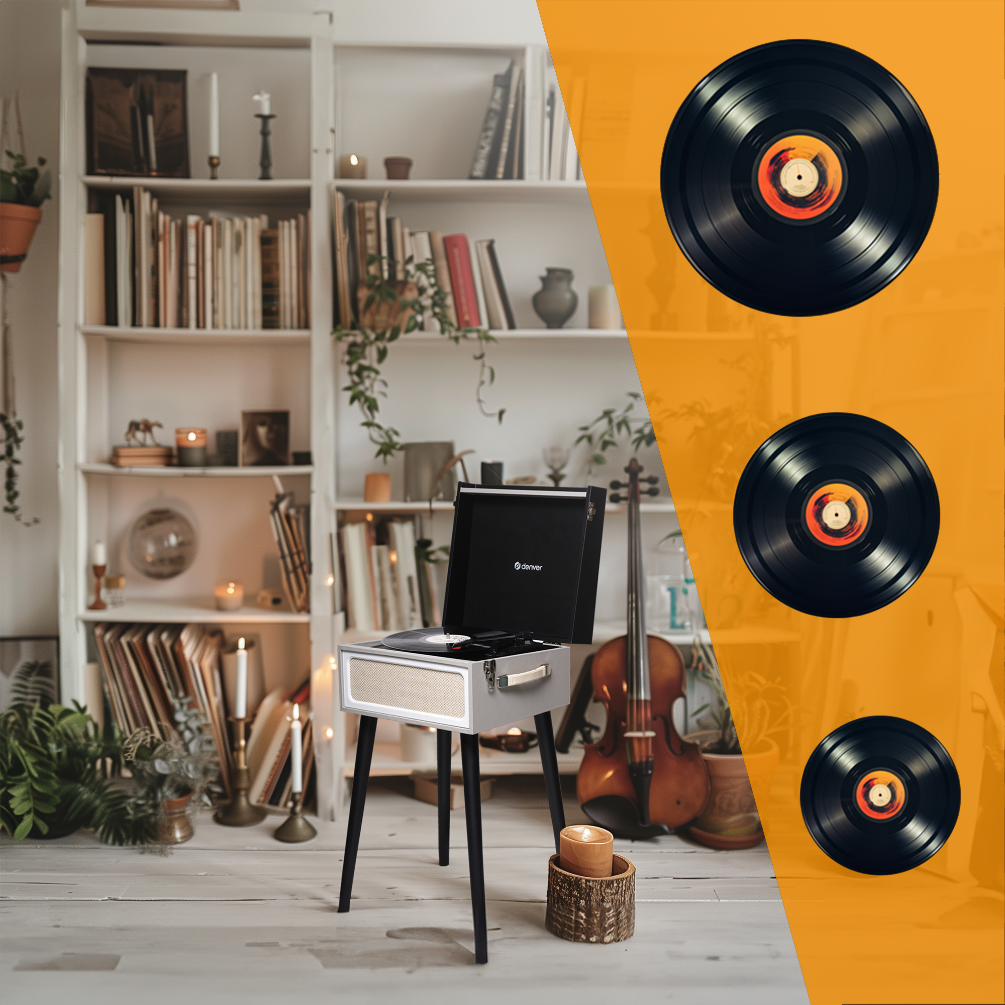 Gramofon z płytami i dekoracjami. Regały na książki w tle.