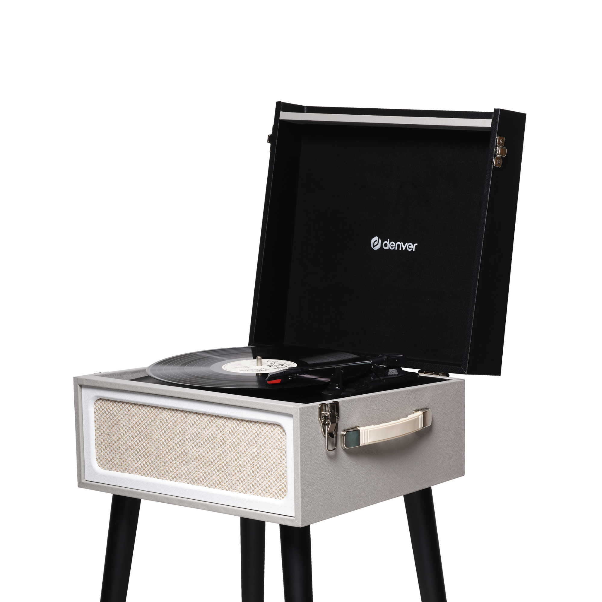 Zabytkowy gramofon w kolorze szarym z otwartą górą, czarnymi nogami i widoczną płytą.