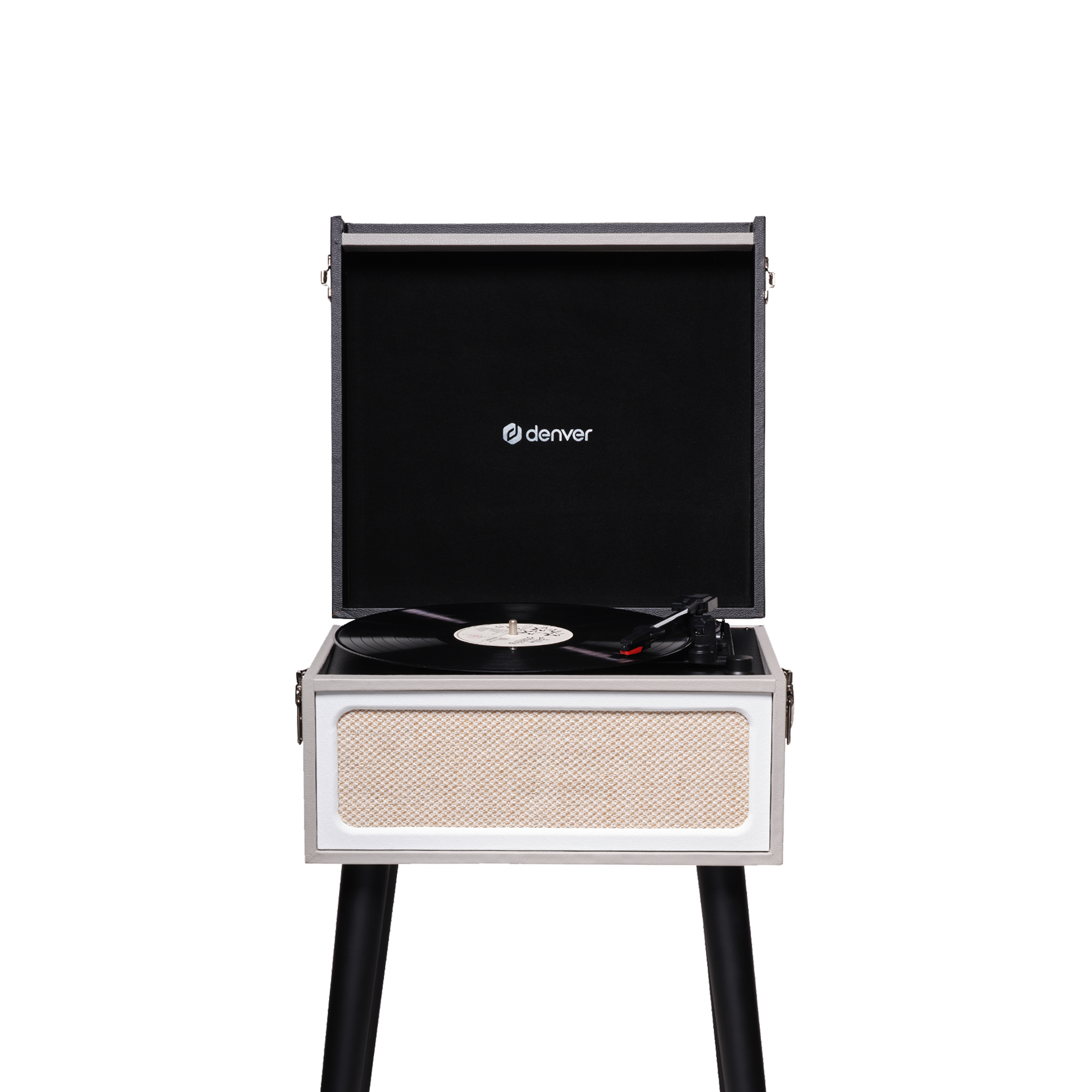 Gramofon na stojaku, z płytą w odtwarzaniu.