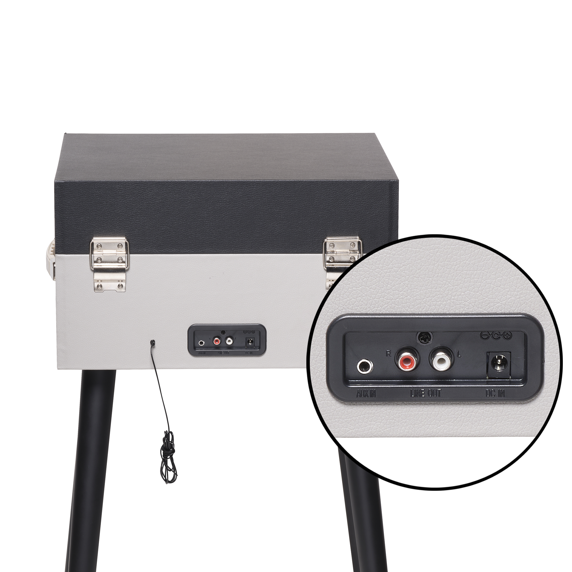 Widok z tyłu systemu audio gramofonu, pokazujący porty i nogi.