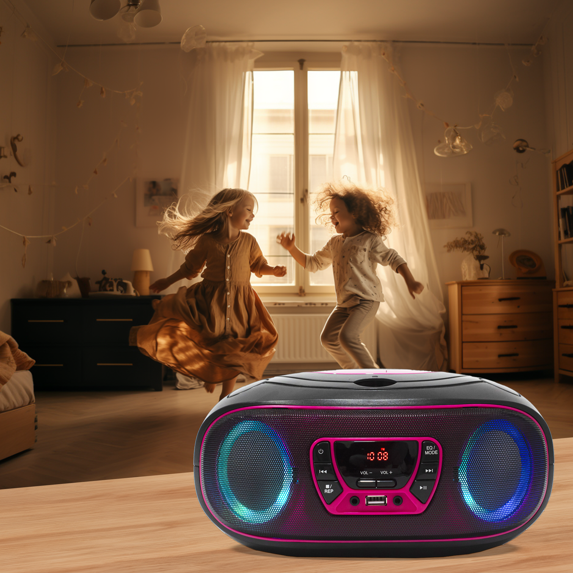 Dwoje dzieci tańczy w pobliżu głośnika, w tle okno. Boombox jest na drewnianej powierzchni.