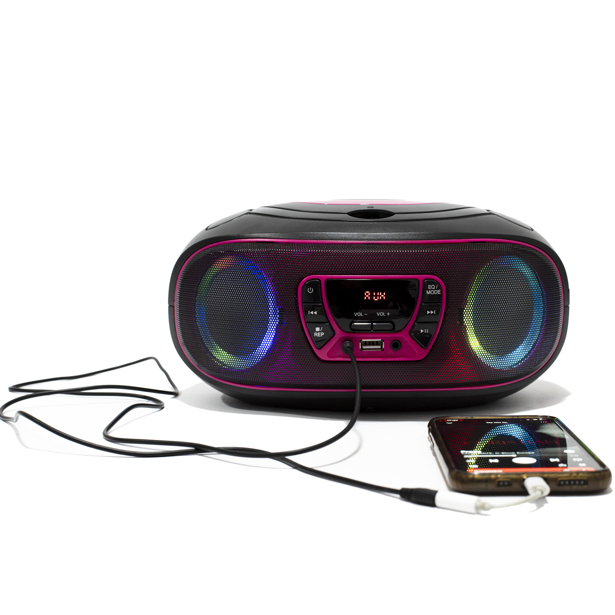 Czarny i różowy boombox z głośnikami, wyświetlaczem i smartfonem podłączonym przez kabel.