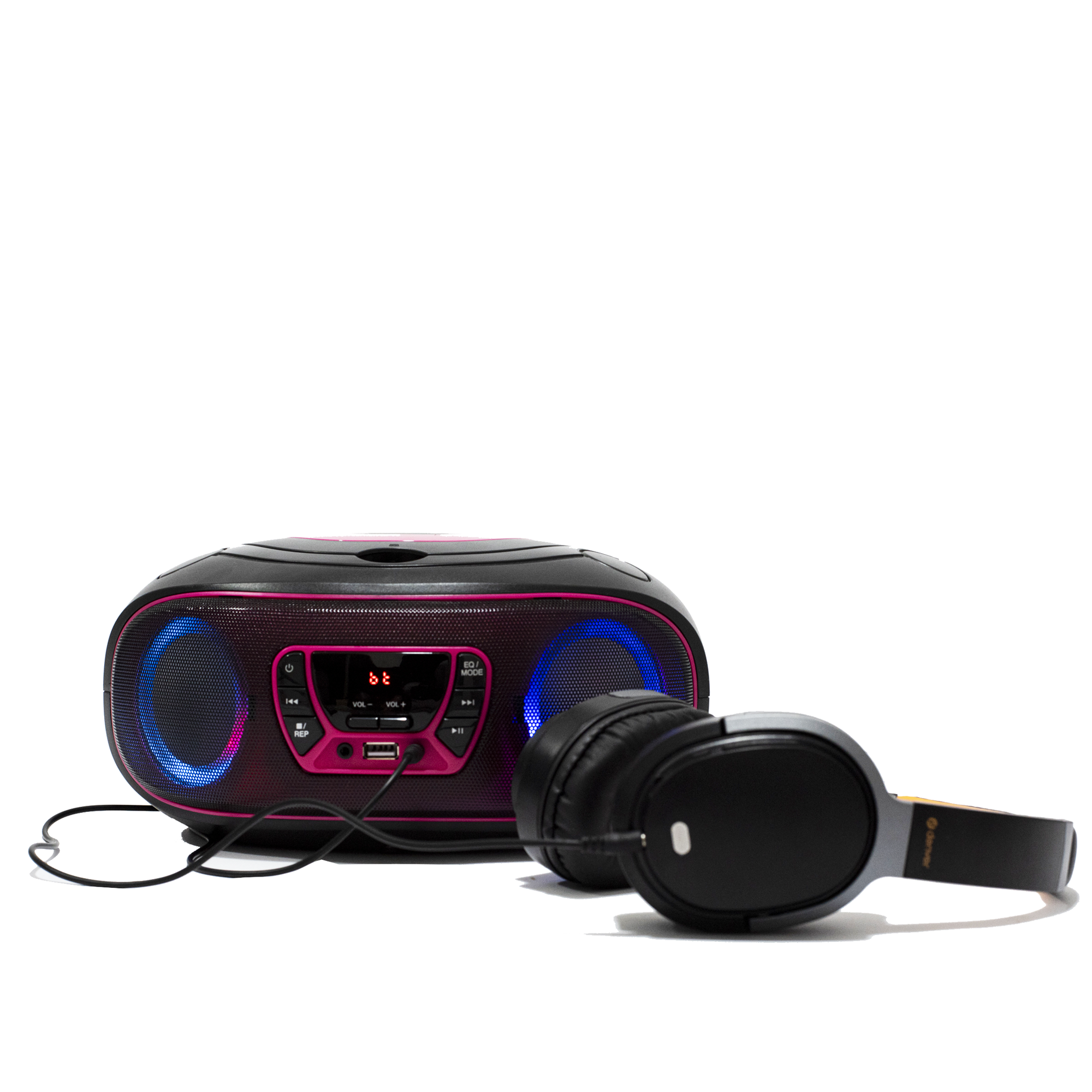 Czarny i różowy boombox ze słuchawkami na białej powierzchni. Niebieskie i różowe światła na głośnikach.