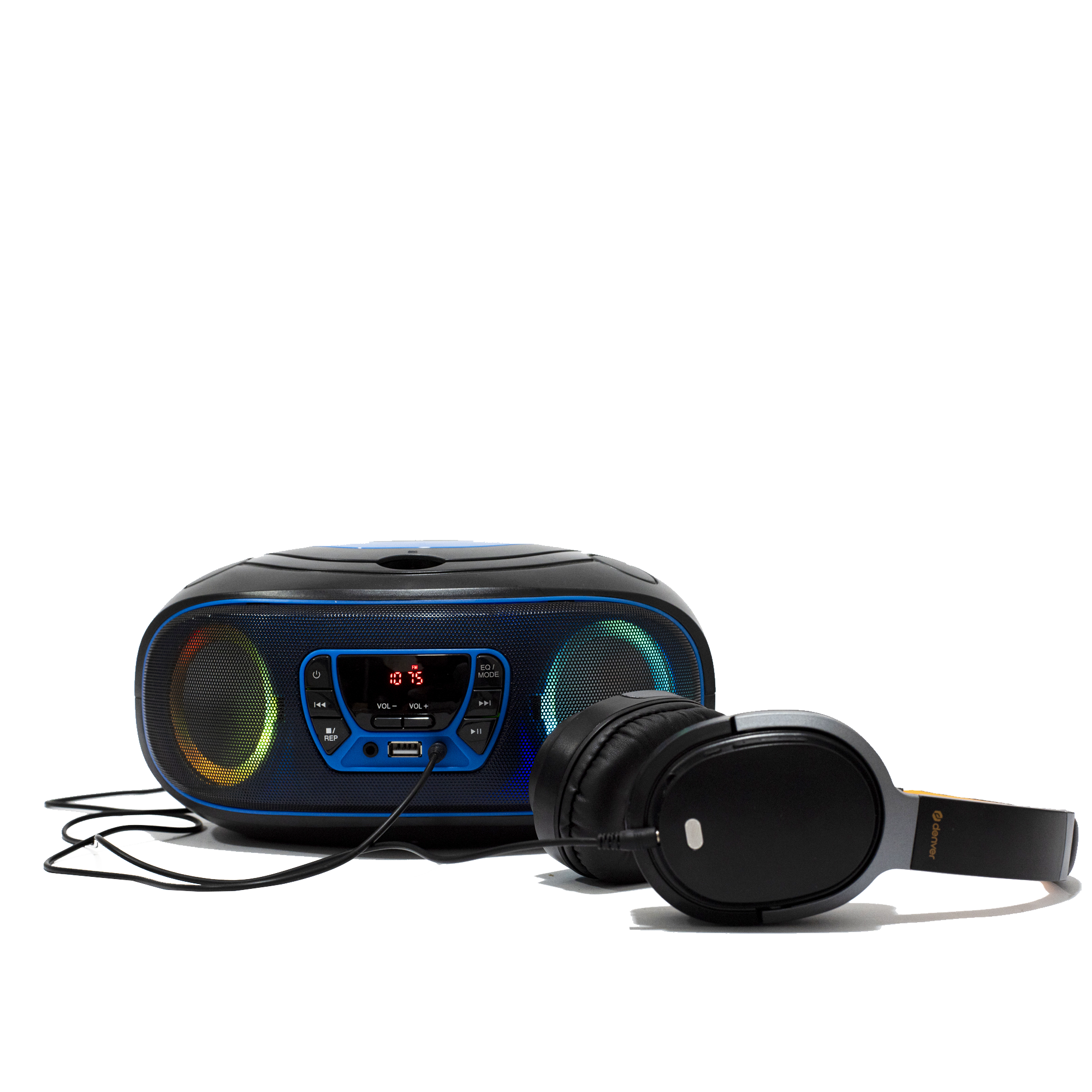 Czarny i niebieski boombox z kolorowymi światłami i czarnymi słuchawkami. Białe tło.