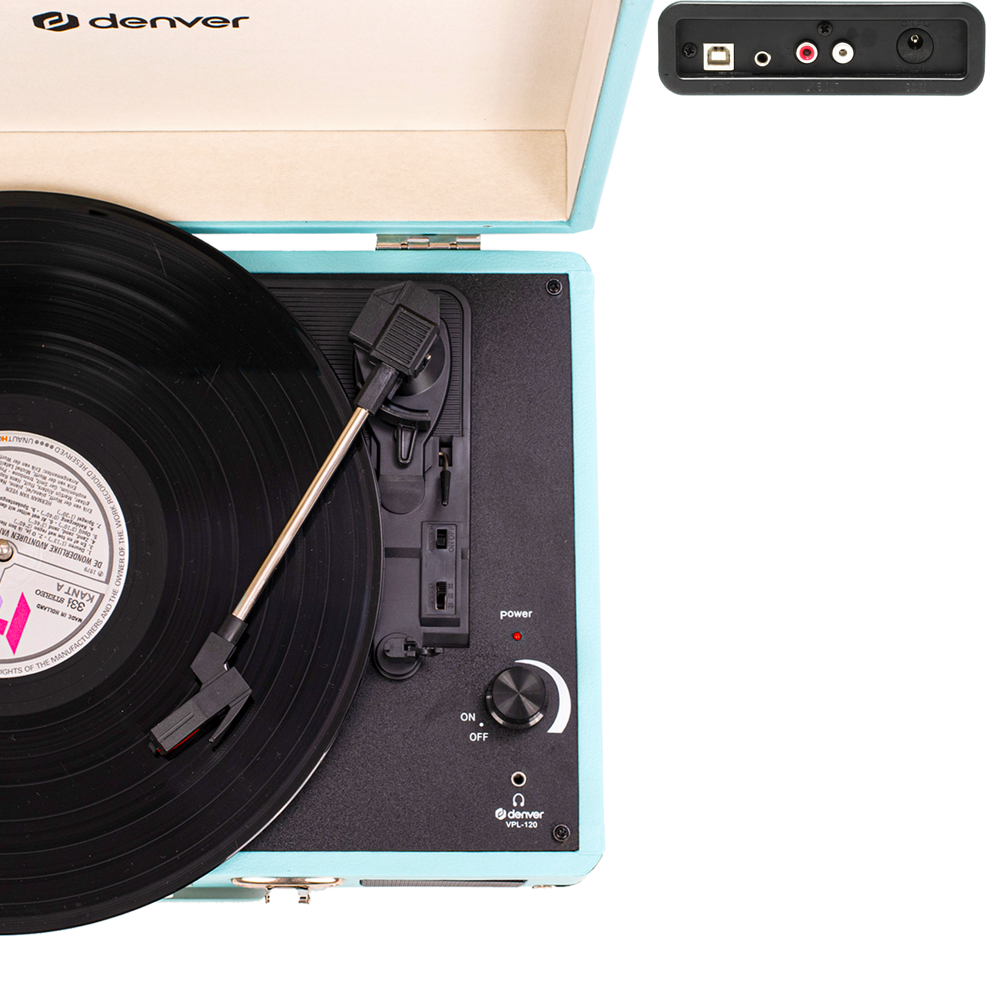 Tocadiscos retro turquesa, con disco de vinilo y controles. Arriba a la derecha, puertos.