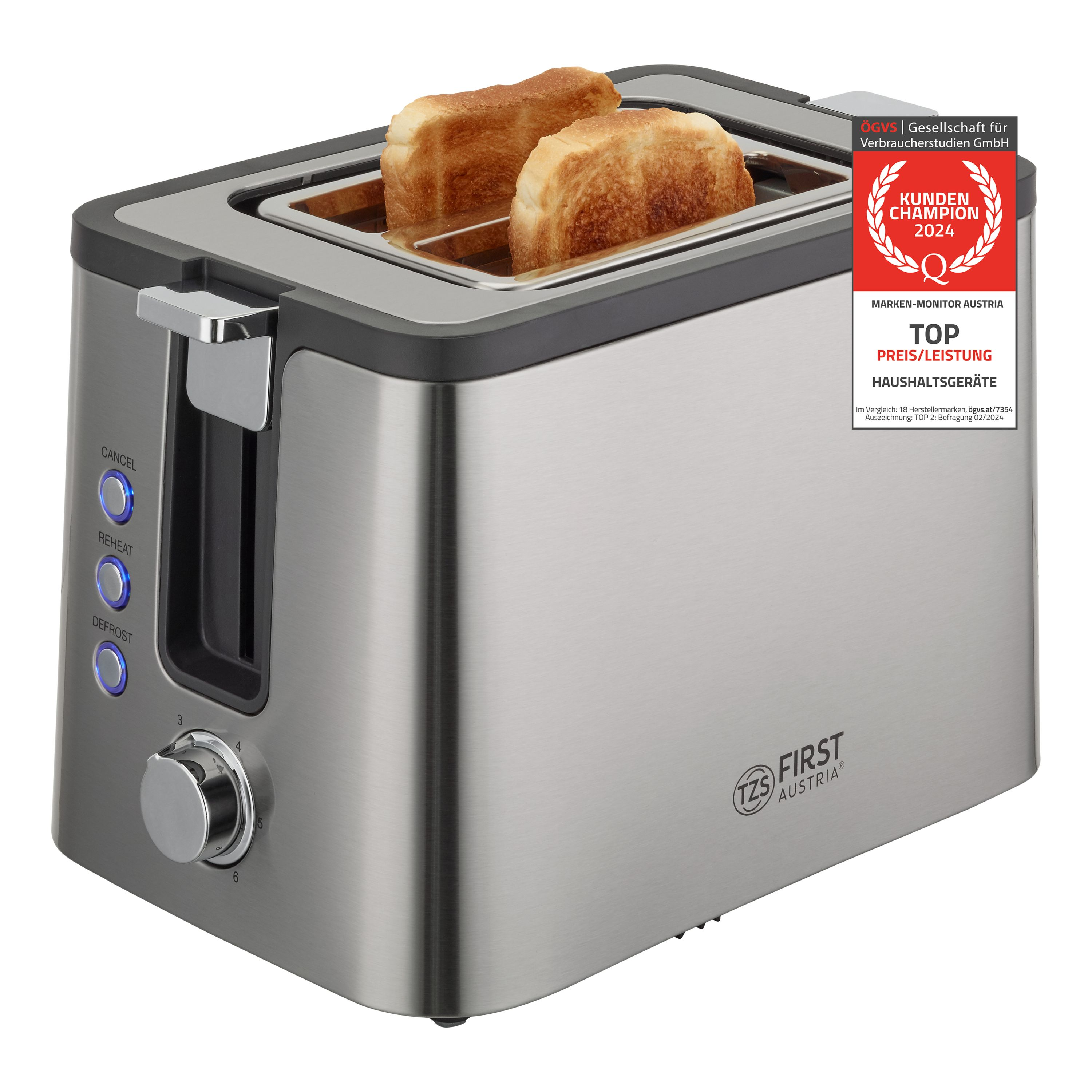 Edelstahl-Toaster mit zwei Toastscheiben und einem Top-Preis-Aufkleber.