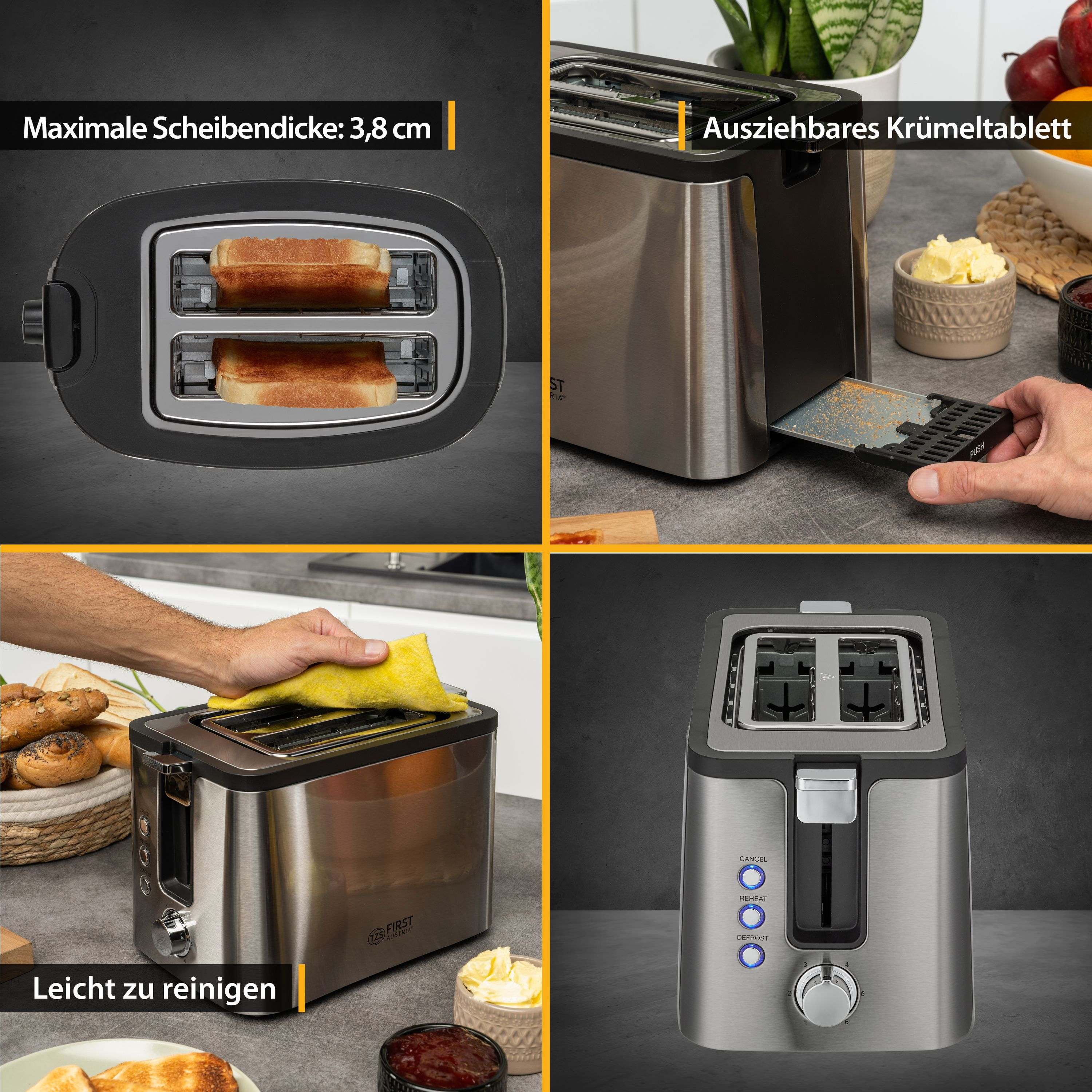 Ein Toaster mit zwei Schlitzen in einer Collage, die Reinigung und Details zeigt.