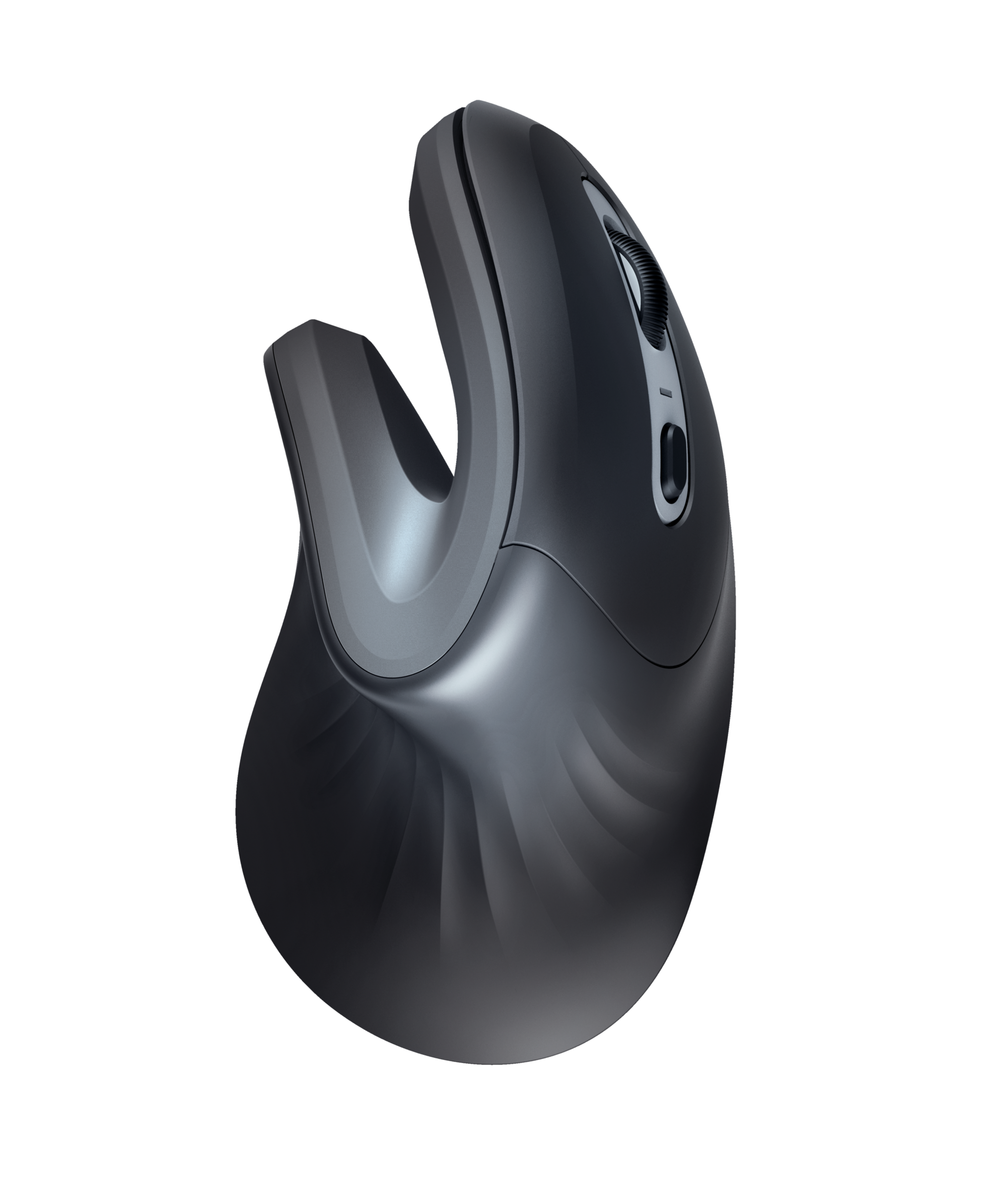 Ergonomische donkergrijze muis met een uniek gebogen ontwerp op een zwarte achtergrond.