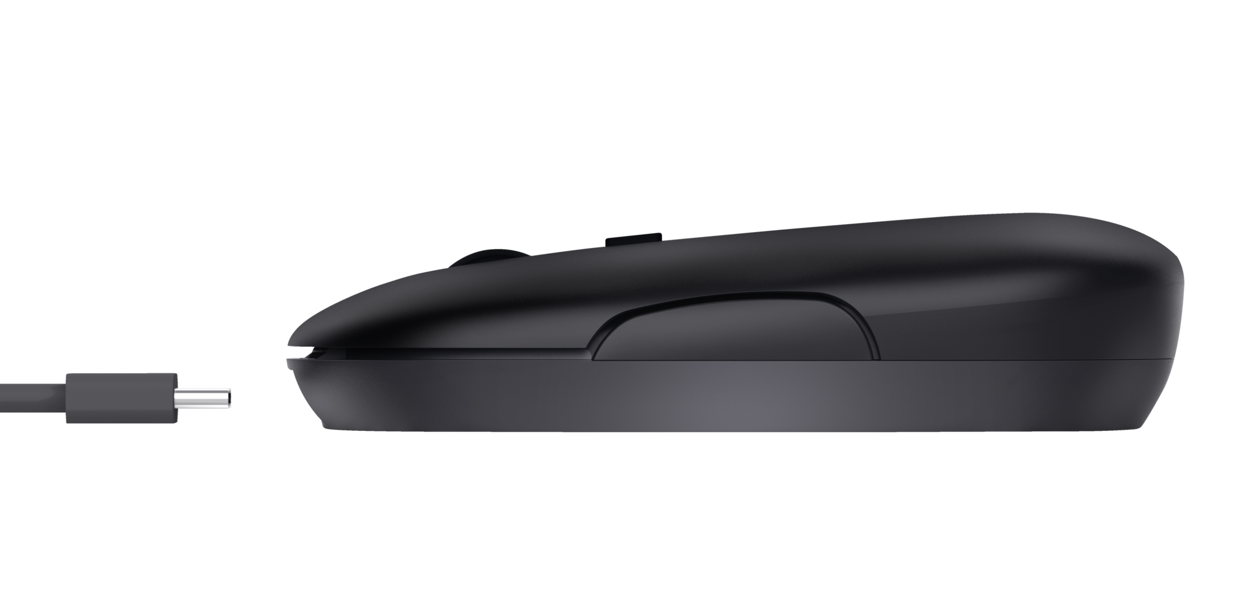 Czarna mysz komputerowa. Widok z boku, z kablem USB-C. Elegancki i minimalistyczny design.