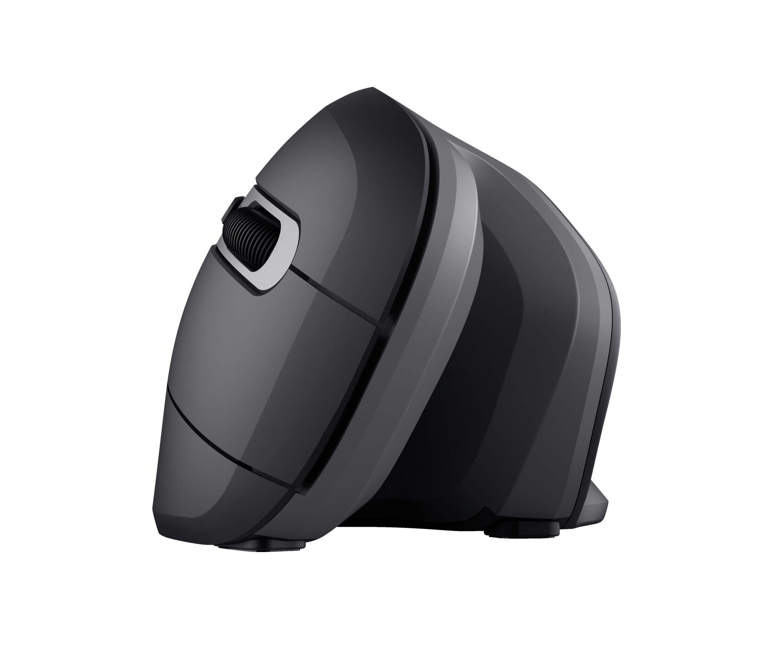 Ergonomische muis, zwart en grijs, schuine weergave. Toont scrollwiel en zijknoppen.