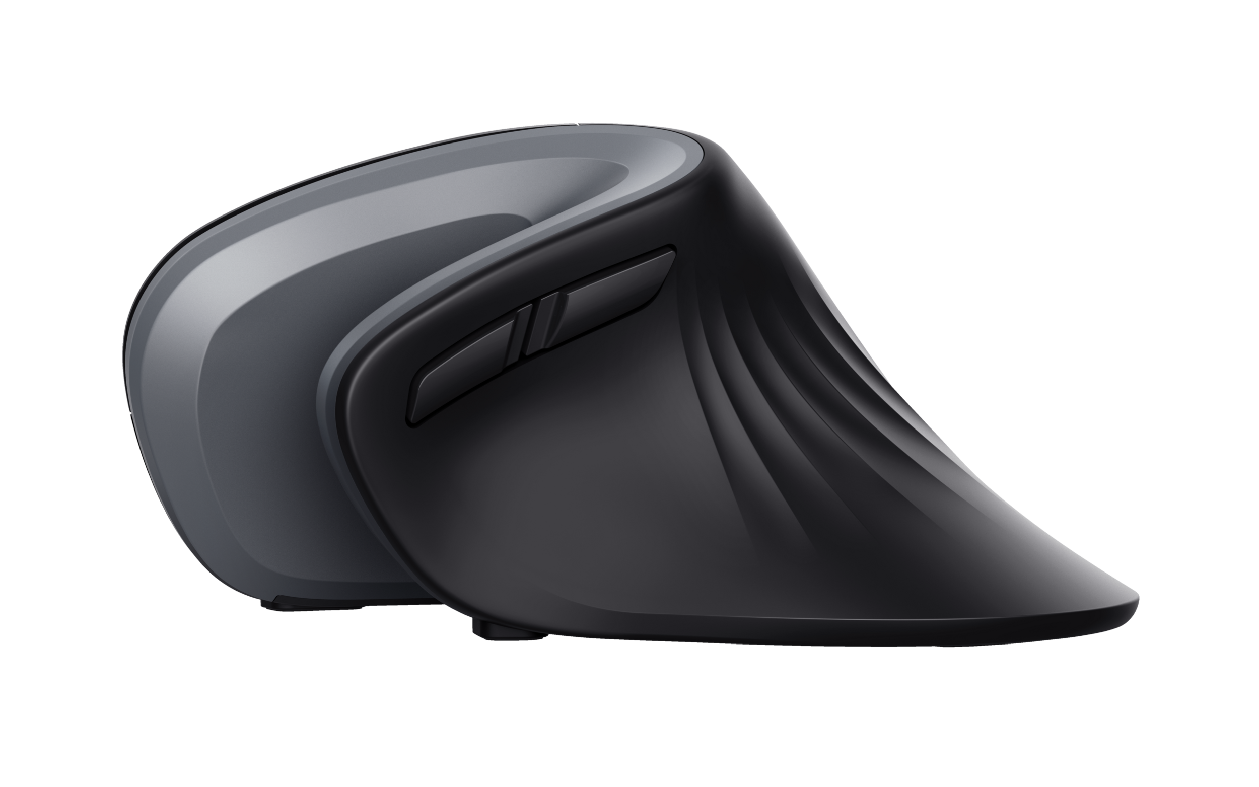 Een zwarte ergonomische muis, ontworpen voor comfortabel gebruik.