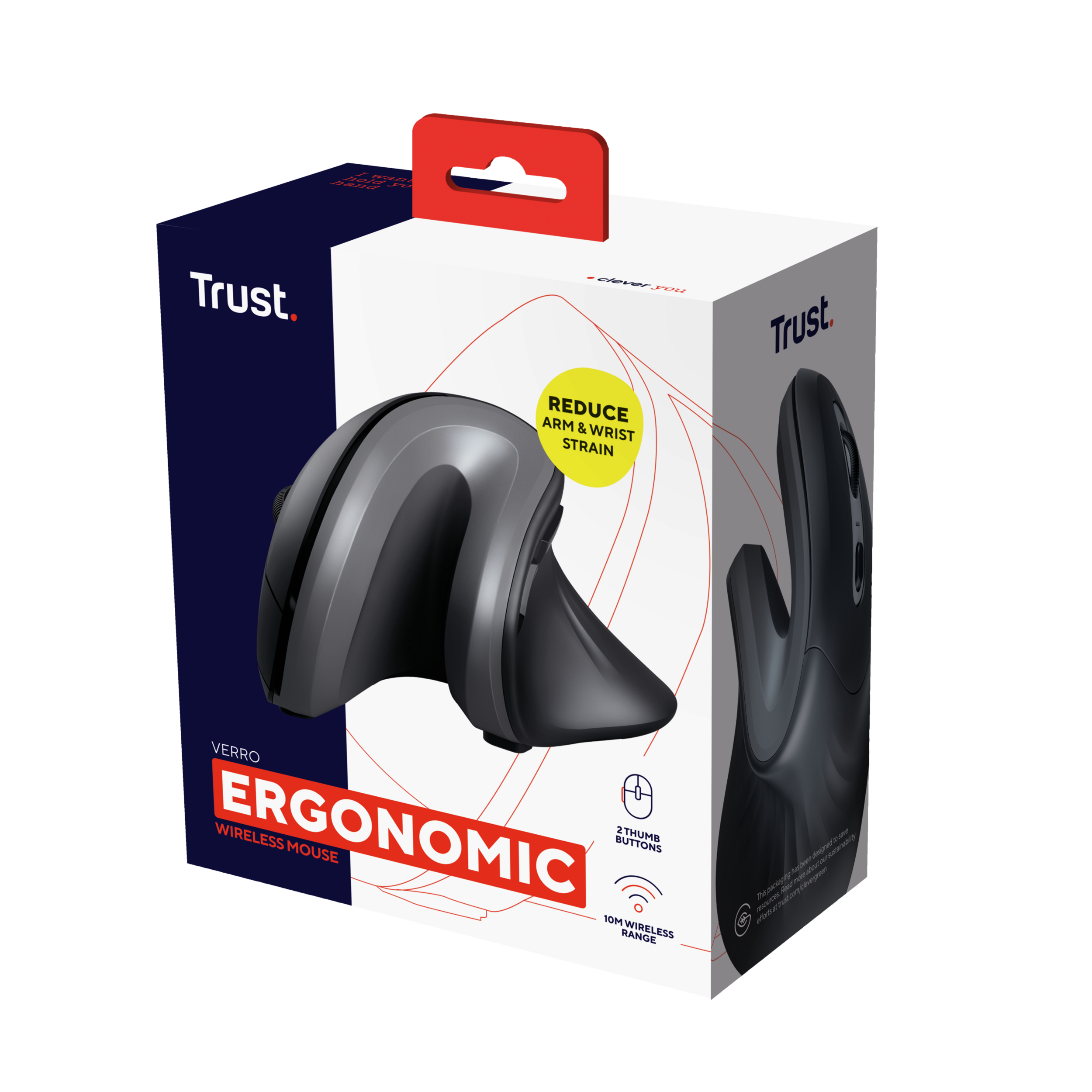 Verpakte ergonomische draadloze muis. Hij is zwart en grijs. De doos heeft rode en witte accenten.
