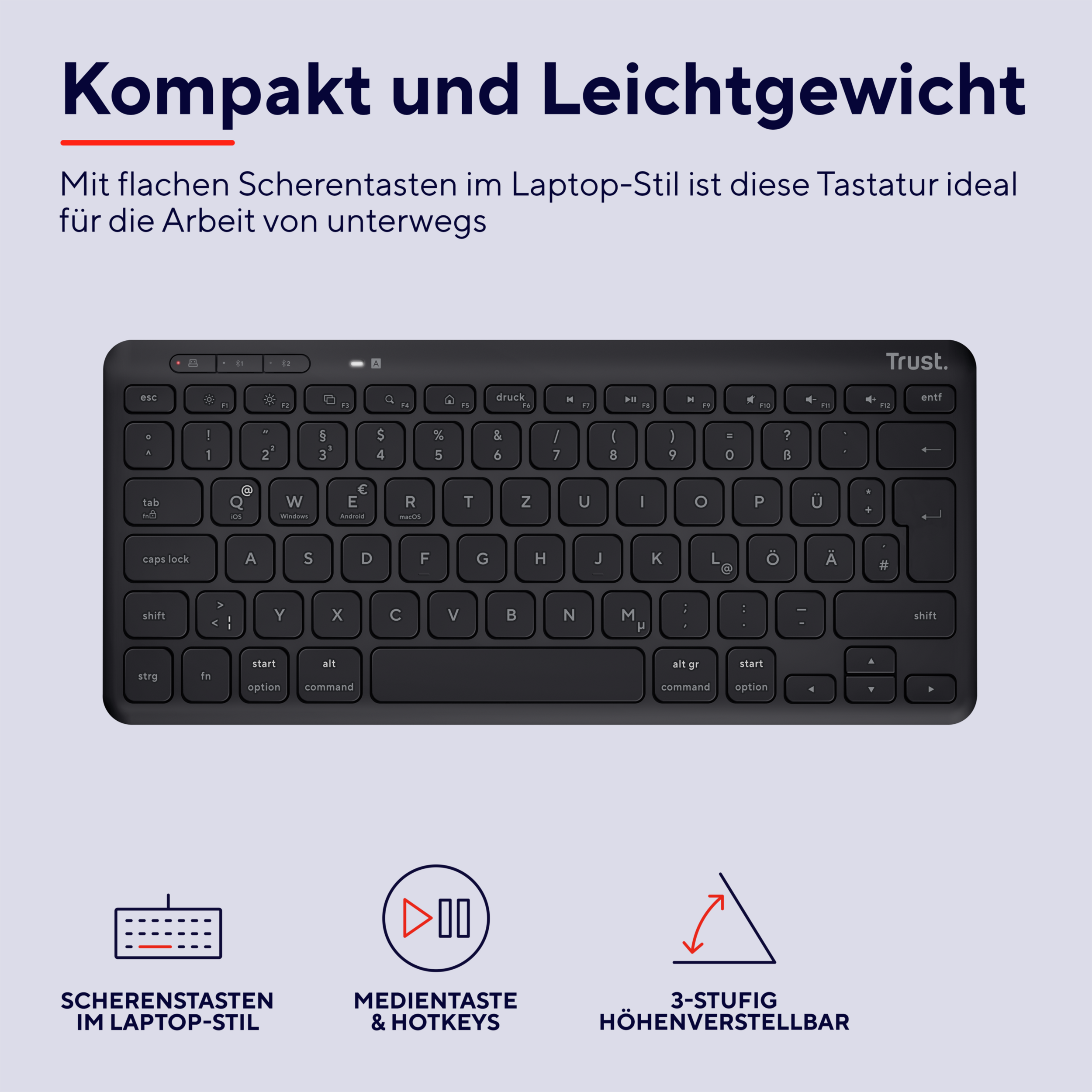 Czarna klawiatura z białymi klawiszami. Tekst u góry: Kompaktowa i lekka. Dół: Klawisze multimedialne i skróty, 3 poziomy.