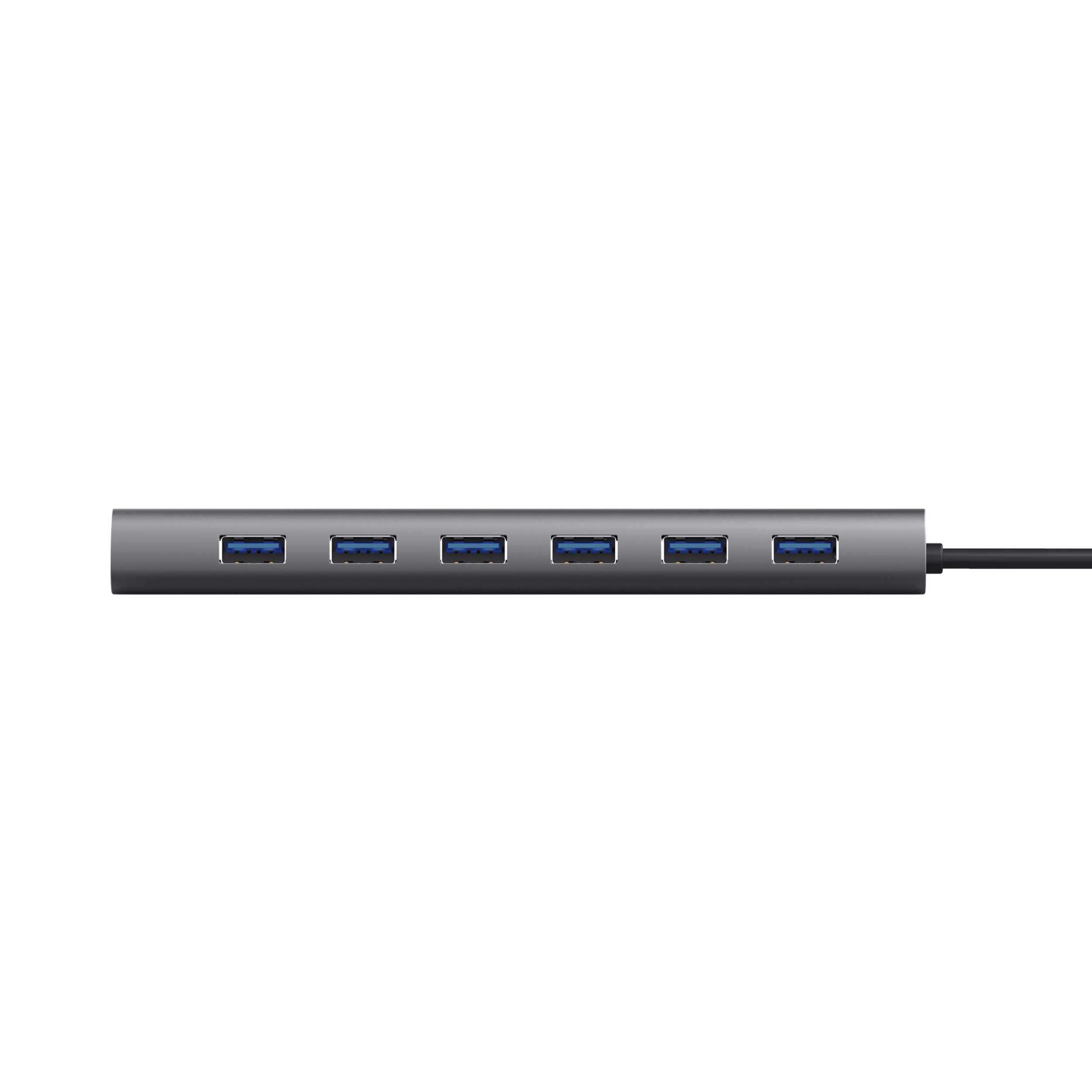 Ein silberner USB-Hub mit 6 blauen USB-Anschlüssen. Der Hintergrund ist schlicht schwarz.