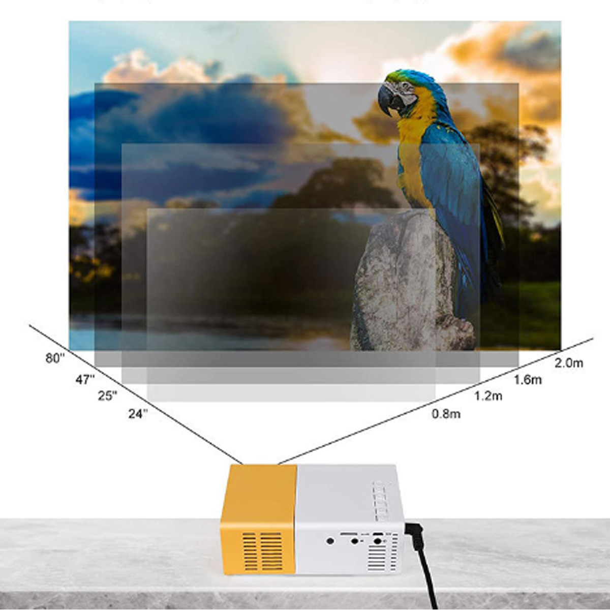 Proyector con esquema de color azul y amarillo mostrando imágenes en una pared.