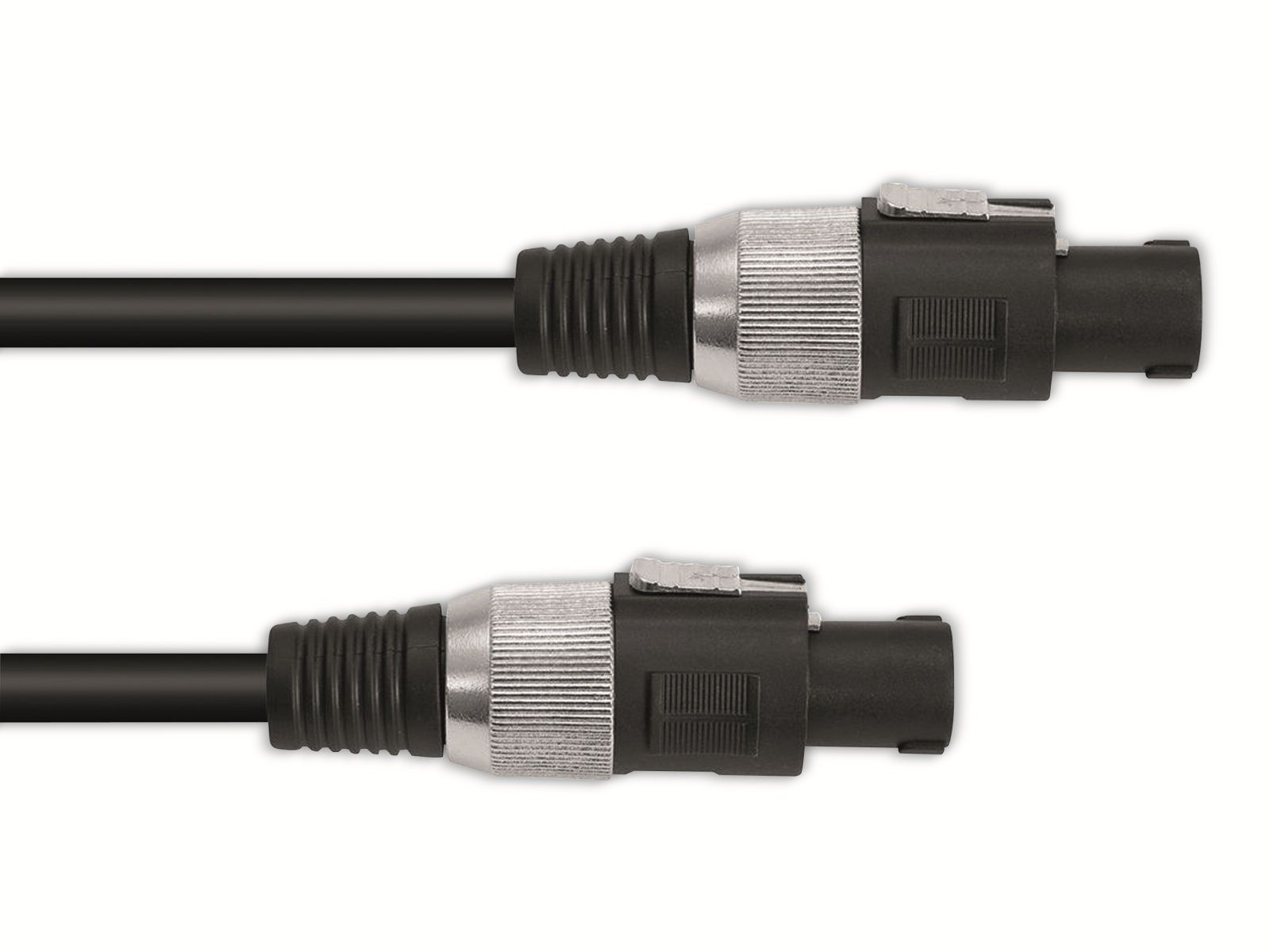 Zwei schwarze Kabel mit Anschlüssen an den Enden. Die Anschlüsse sind silber und schwarz, auf weißem Grund.