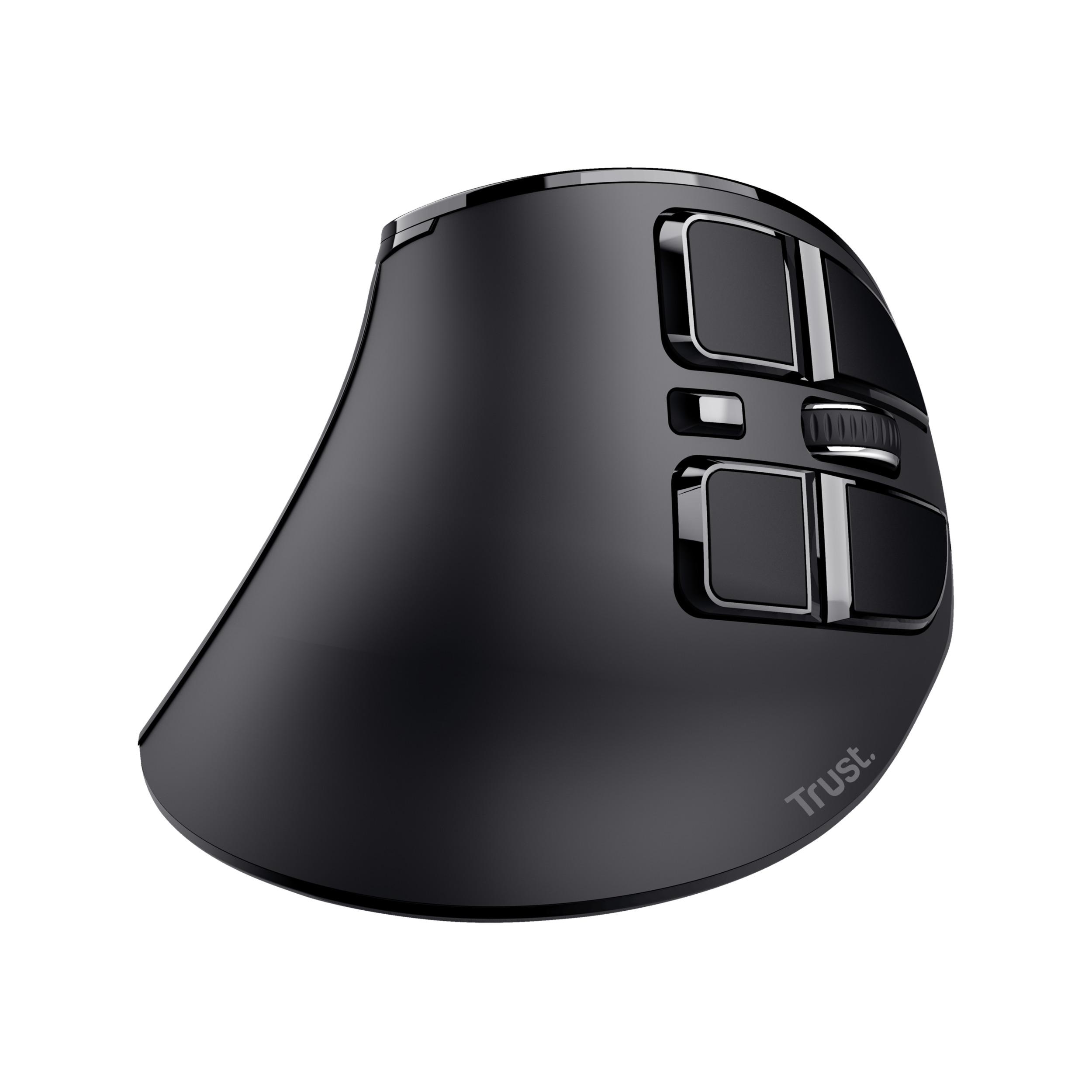Czarna ergonomiczna mysz Trust, z dodatkowymi przyciskami i wygodnym kształtem.