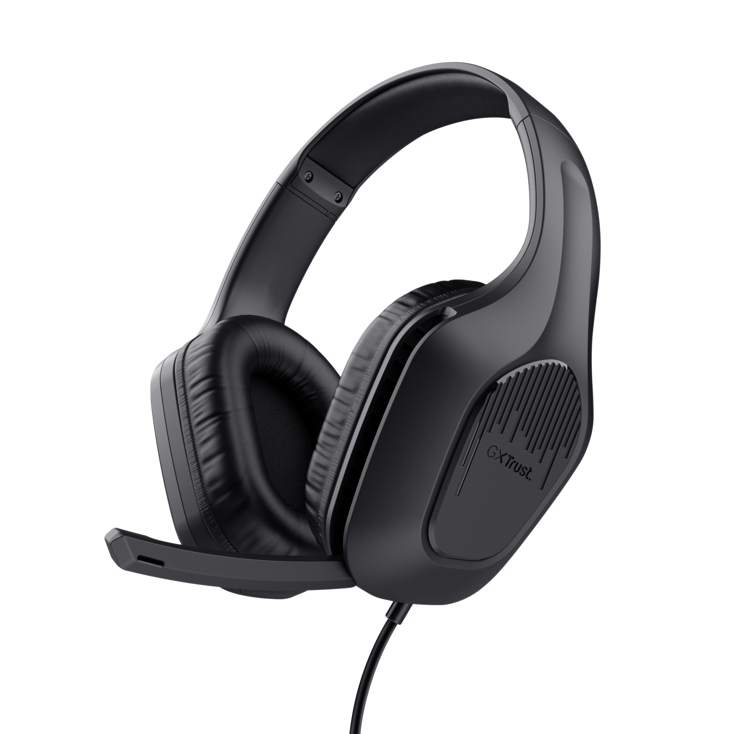 Casque noir avec microphone. Le casque a de grands écouteurs et un micro-perche. Fond noir.